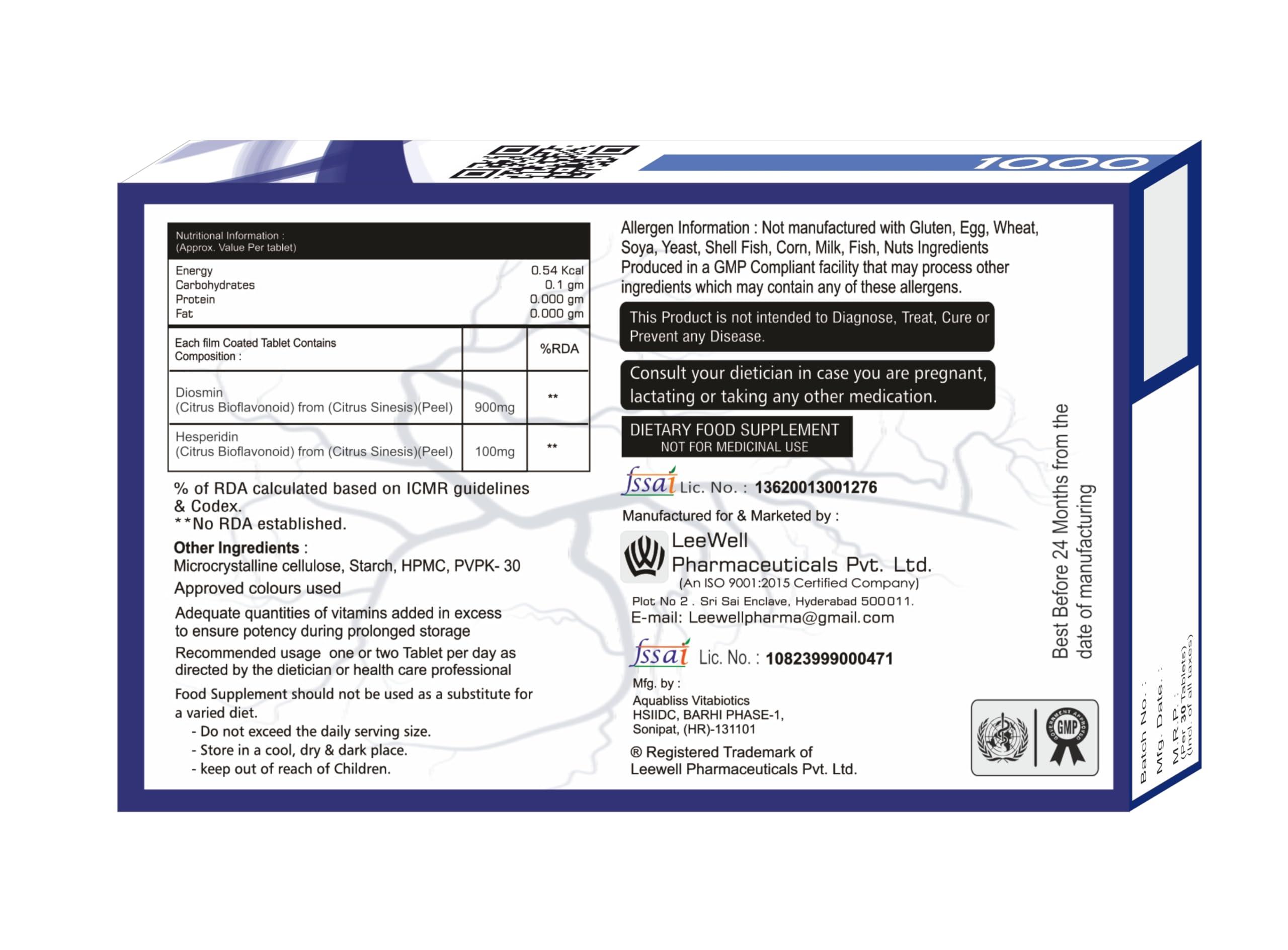 VARICLOSE Variclose -1000 Advanced Diosmin 900mg, Hesperidin 100mg Supplements | Complete Varicose Veins, Piles Hemorrhoids Support & Blood Circulation Support | Plant-Based Restless Legs, Micro Circulation Support, Venous Tone, Vascular & Vein strength -30 ta