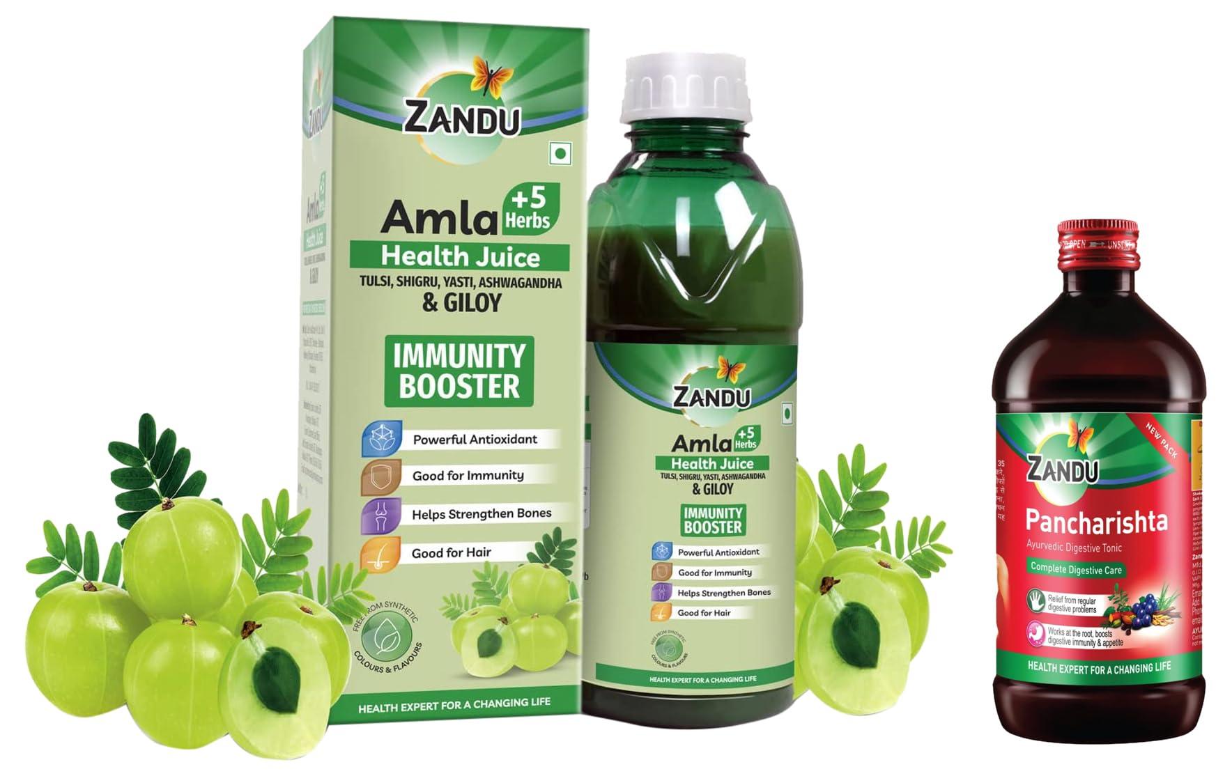 Zandu Zandu Amla Juice 1L, with 5 added Herbs, Immunity Booster, Pure and Natural, Powerful Antioxidant, Good for Bones and Hair, No Added Sugar & Zandu Pancharishta 650ml