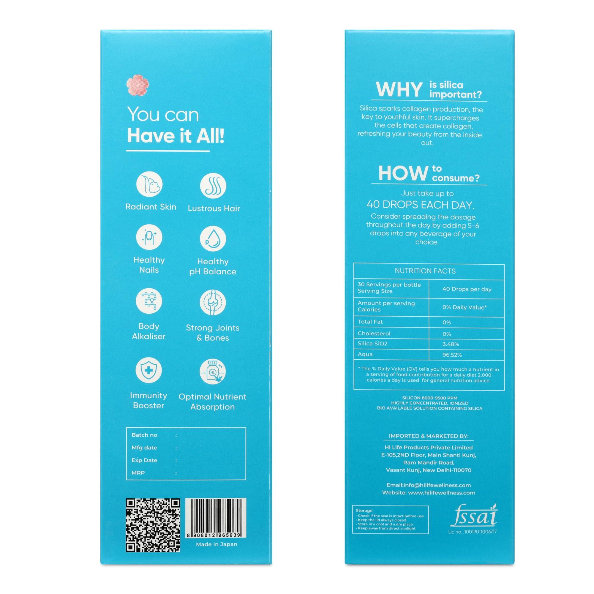 Hi Life Hi Life Silica 600 Drops - First time in India, Advanced Collagen Booster for Men & Women | Supports Glowing Skin, Lustrous Hair, Strong Nails, Immune System, Bones & Strong Joints, Maximum Absorption, Connective Tissues, Aids in Anti-ageing, Easy to