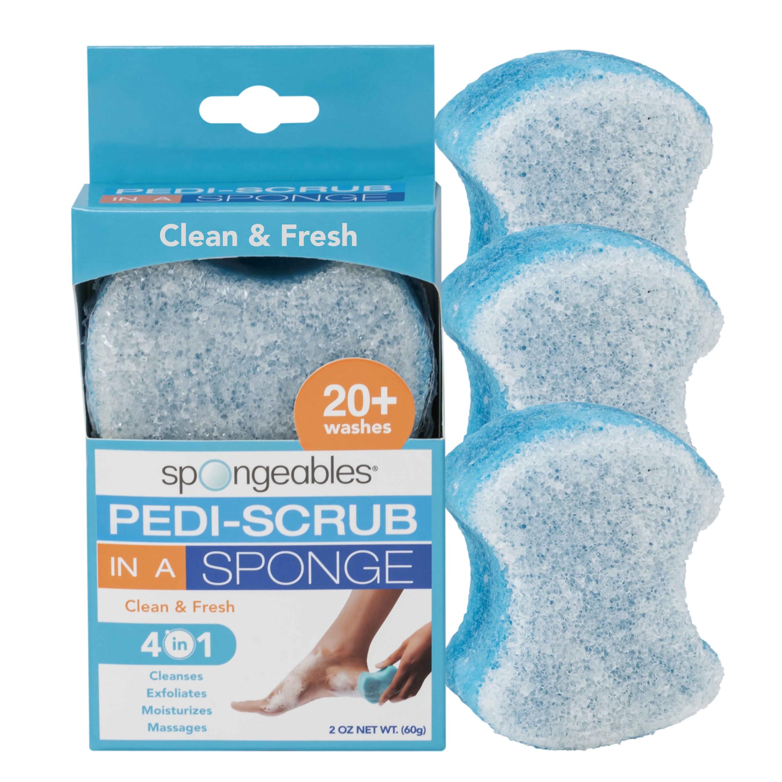 Spongeables Spongeables Pedi-Scrub Foot Buffer, Clean & Fresh Scent, Contains Shea Butter and Tea Tree Oil, Foot Exfoliating Sponge with Heel Buffer and Pedicure Oil, 20+ Washes, Pack of 3