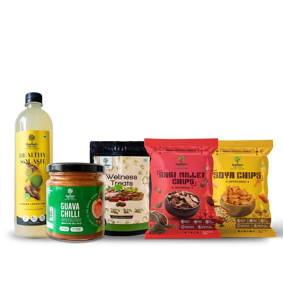 SSF Supreem Super Foods Supreem Super Foods Normalife Ragi Millet Chips 100 gms + Soya Chips 100 gms + Wellness Treats Candy Pack 48 pcs + Ginger Lemon Squash 700 ml + Guava Chilli Spread 200 gms | Festive Gifting Combo