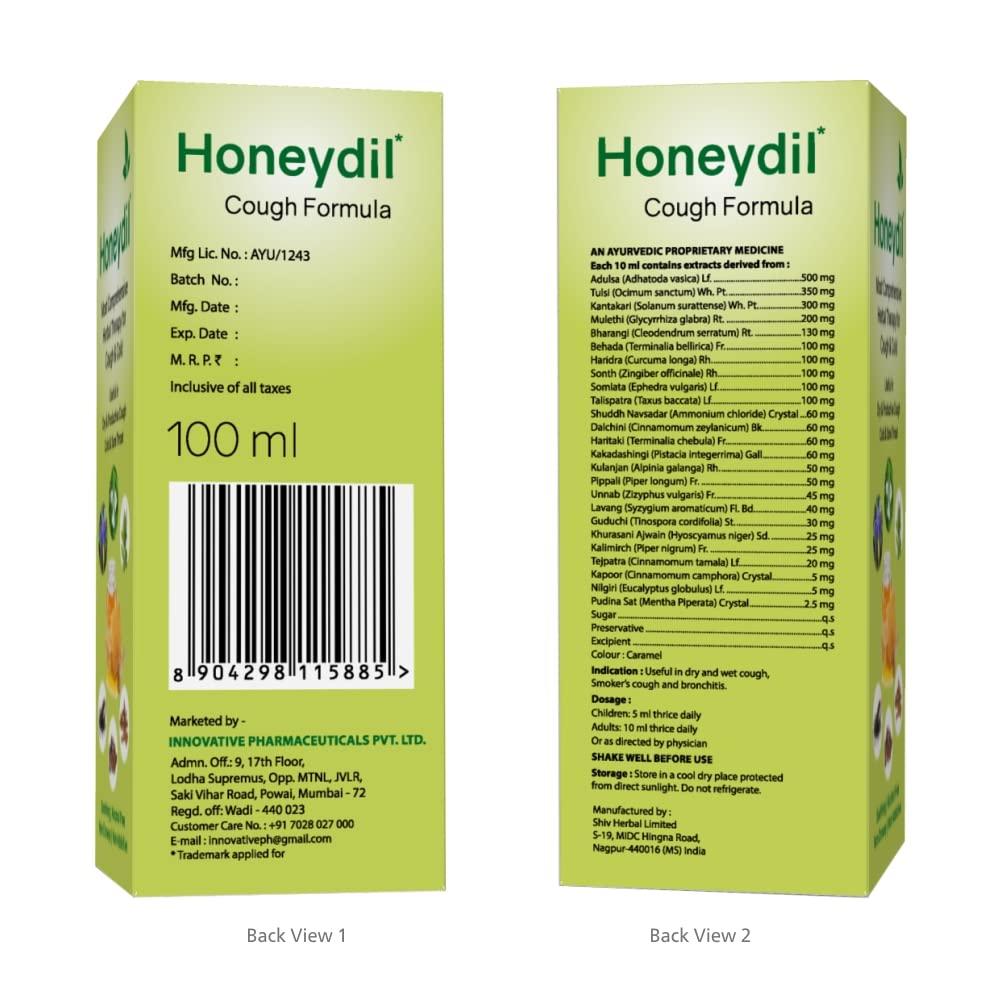 Honeydil Honeydil Cough Syrup 100 ml | With goodness of Adulsa, Tulsi, Kantakari, Haridra, Bharangi & Mulethi |Natural Ingredients| Non-Drowsy (Pack of 1 (100ml))