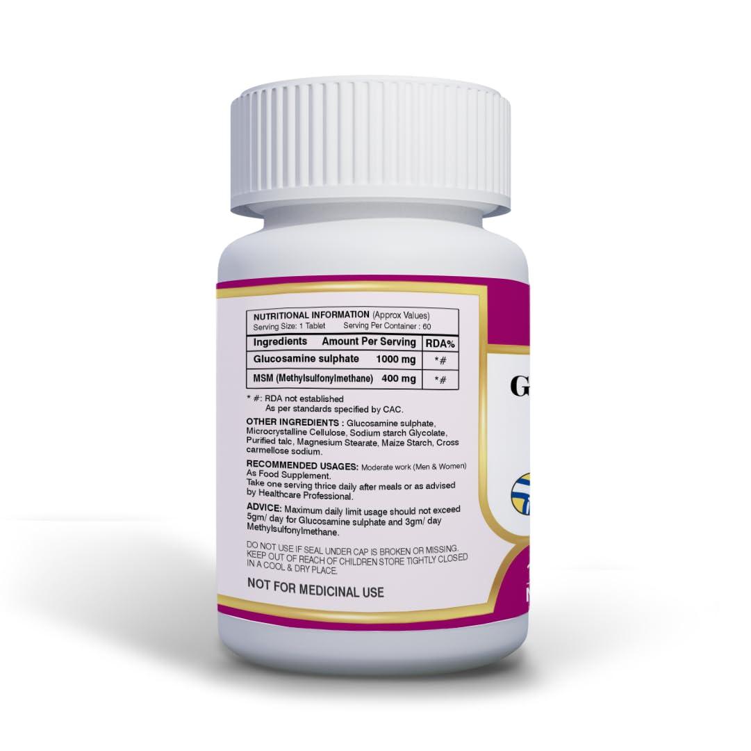 ANJIX ANJIX Glucosamine Sulphate Potassium Chloride 1000mg with MSM 400mg, Glucosamine Tablets for Joint Health Supplement for Cartilage Support, Non- Veg, Pack of 60 Tablets