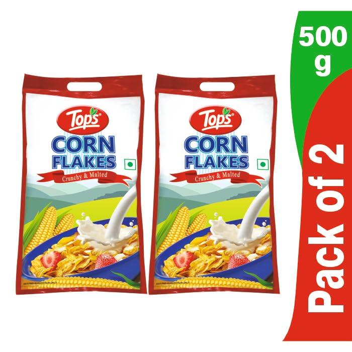 TOPS TOPS Corn Flakes 1 kg (500 gm *2 pouch) | No Added Flavour| Low Fat & Low Cholesterol | Dietary Fibre | Deliciously Crunchy | Breakfast Cereal