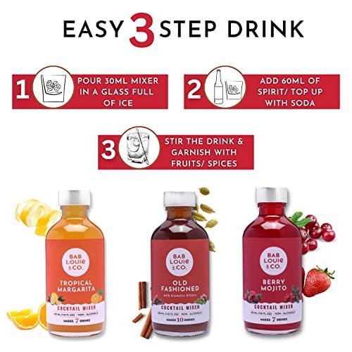 Bab Louie & Co. Bab Louie & Co. Cocktail Mix, Old Fashioned, Berry Mojito & Tropical Margarita, 100% Natural, Cocktail and Mocktail Syrup, Makes 7-10 Drinks (Pack of 3)