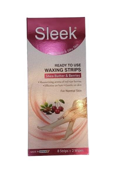 Generic Sleek Waxing Strips with Shea Butter & Berries, For Normal Skin, 8 Strips + 2 Wipes