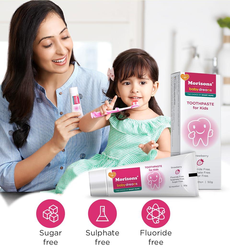 Morisons* babydreams THE CHOICE OF SMART MUMS Morisons Baby Dreams Kids Strawberry Flavour Toothpaste 50 gm (Pack of 2) & Baby Caterpillar Oral Care Toothbrush with Soft Bristles (Pack of 2)