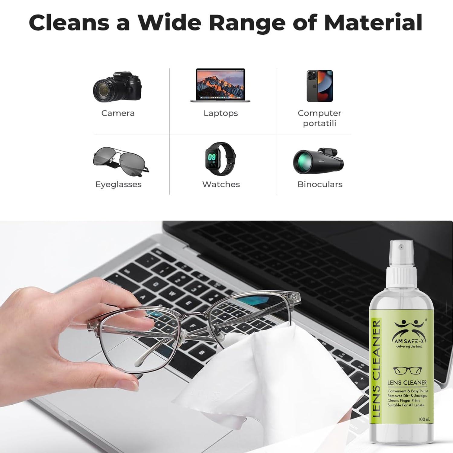 AM SAFE-X delivering the best AM SAFE-X Lens Cleaner for Spectacles, Eyeglasses, Sunglasses, Camera Lenses and Binoculars, 100 ml Pack 1