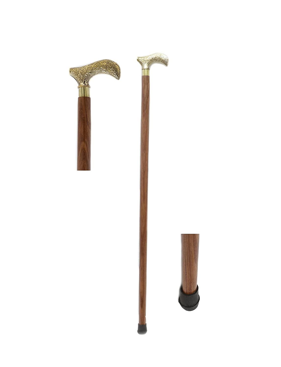 NavaFresh Basics Rana, Handmade Wooden Canes and Walking Sticks with Floral Leaf Brass (Kashmiri) Handle for Men (Brown, 36 Inches)