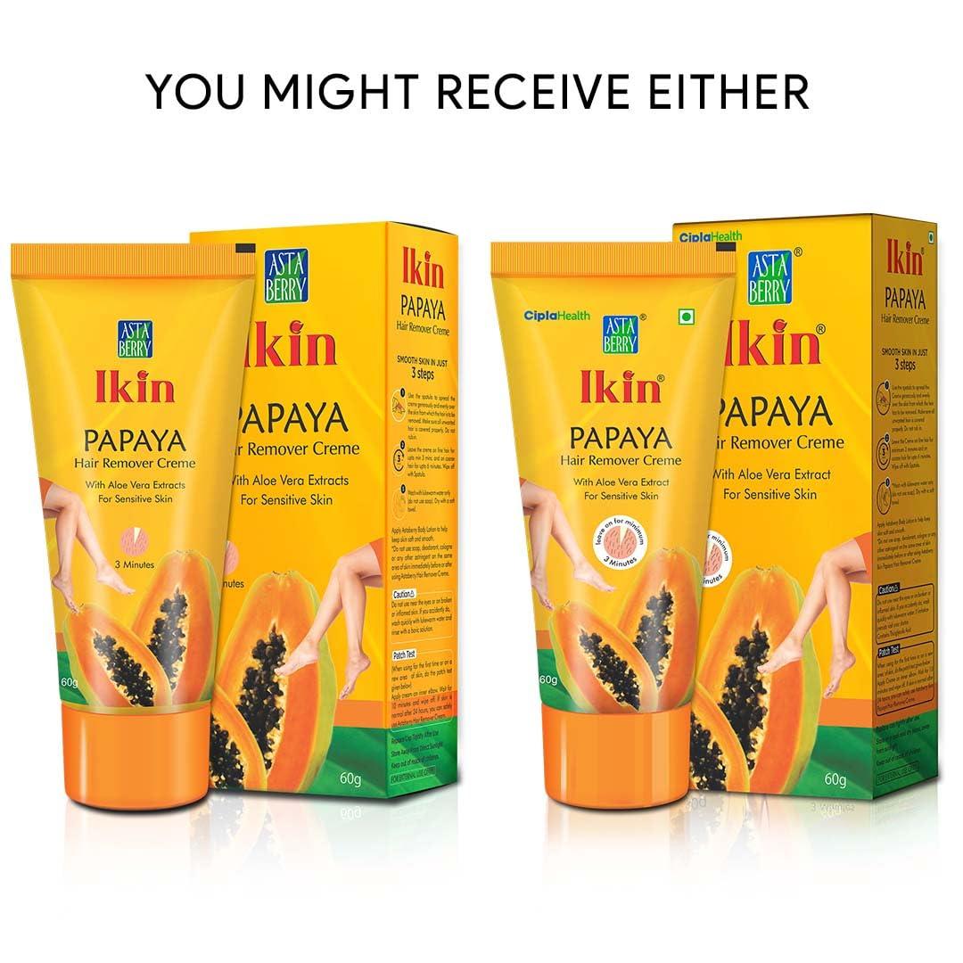 Ikin Ikin Papaya Hair Remover Cream For Sensitive Skin - Bikini Hair Removal Cream For Women & Girls (Pack of 2 (60gm X 2))