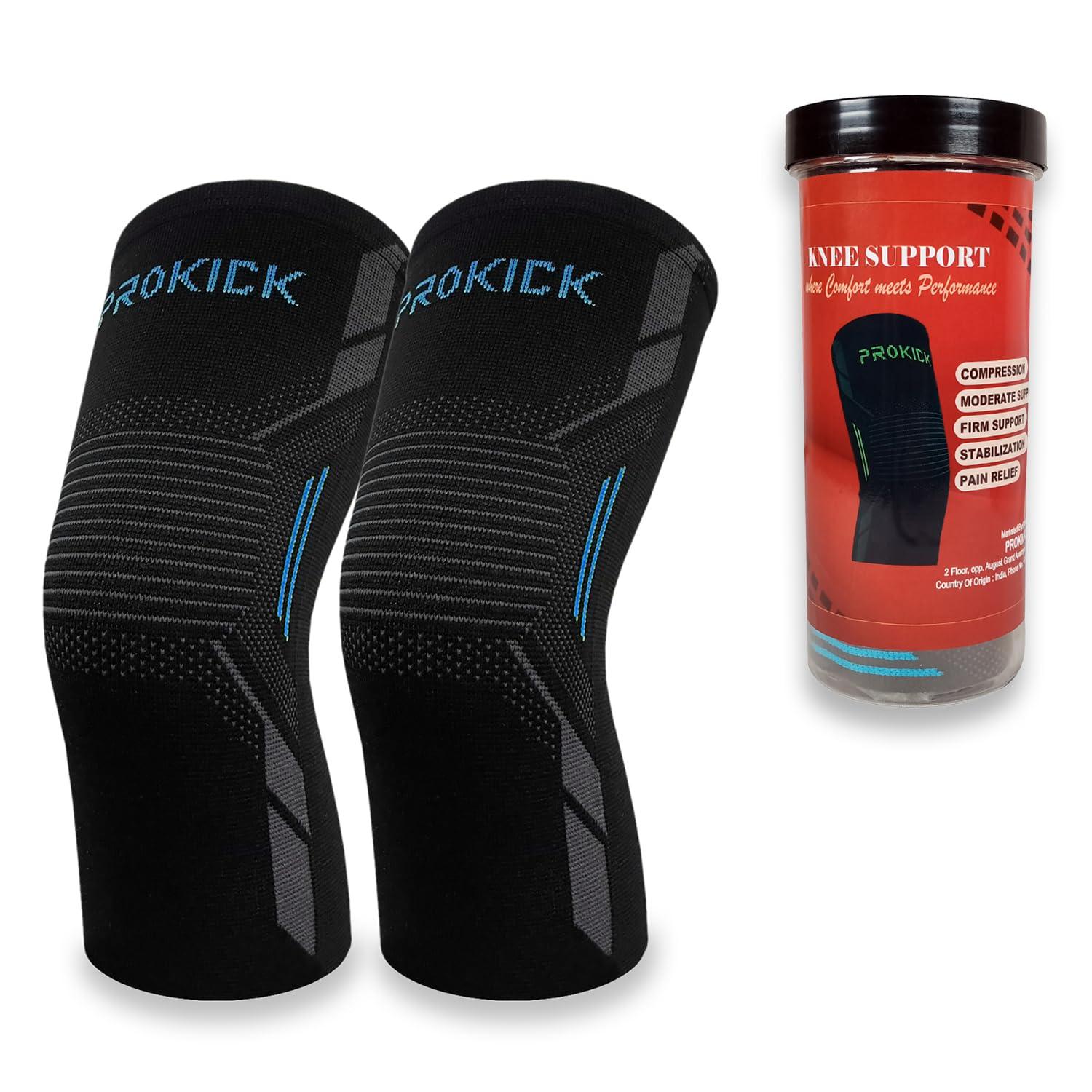 Prokick Prokick Powerflex Compression Knee Support | Stretchable Knee Cap Support for Sports & GYM | Suitable for Both Men and Women, Black/Blue - Medium