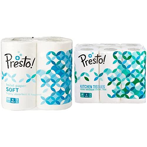 Presto! Amazon Brand - Presto! 3 Ply Toilet Paper Tissue Roll - 4 Rolls (300 Sheets Per Roll) & Amazon Brand - Presto! 2 Ply Kitchen Tissue/Towel Paper Roll - 60 Pulls (Pack of 6)