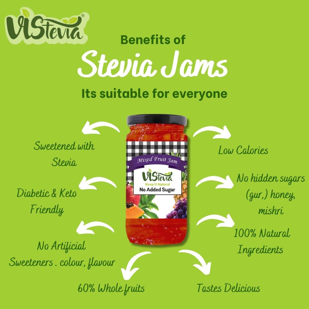 VISTEVIA Vistevia Sugar Free Mixed Fruit Jam & Strawberry Jam, Diabetic and Keto Friendly - Sweetened Naturally with Stevia, More Than 60% Fruit Content - Tastes Delicious - Pack of 2 (400 * 2 GM)