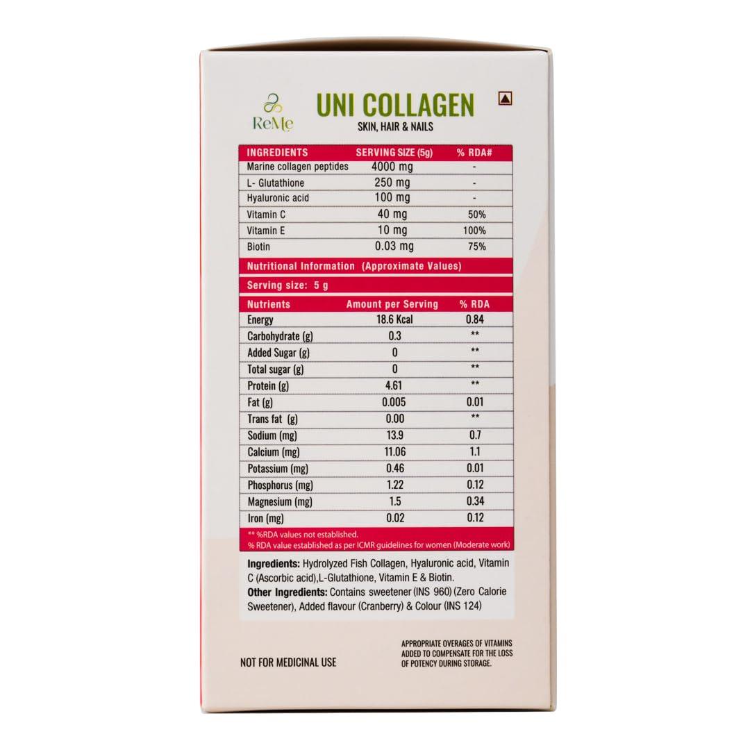 REME ReMe Uni Collagen - Pure Premium Marine Collagen Peptide With Antioxidants - Pack of 30 Stick Packs. Color:White.