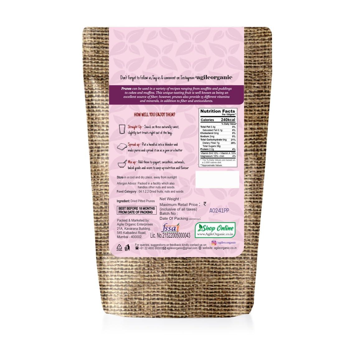 Agile Organic Agile Organic California Pitted Prunes - 1kg / 35.3oz | Imported Premium Dry Fruit | Unsweetened | 1 Kg Dried Plums | No Added Sugar | High in Fiber