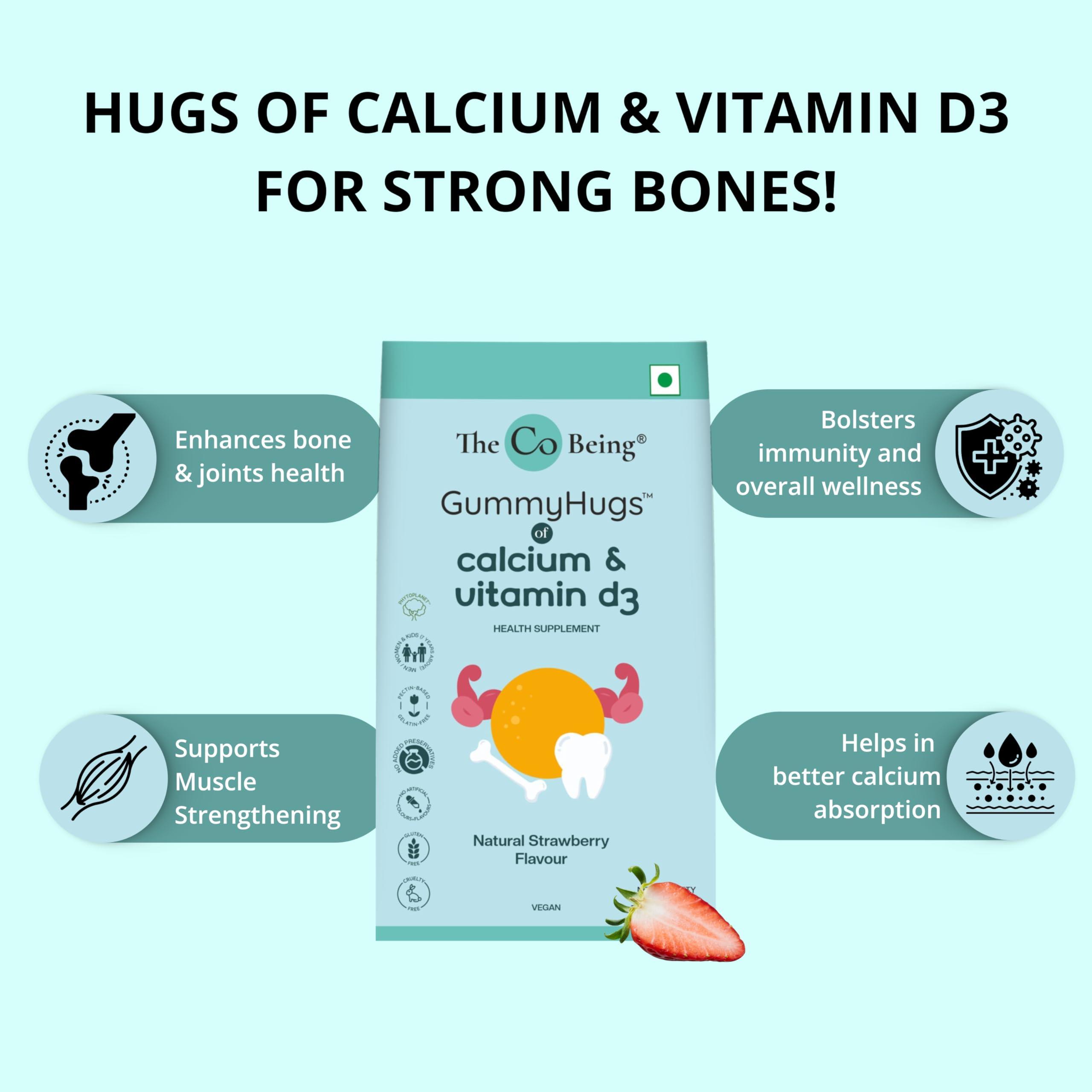 THE CO BEING The Co Beings Calcium Gummies with Vitamin D3 for Men, Women, and Kids, Vitamin D Supplement for Stronger Bones, Joints, and Teeth Health, Dairy Free, Vegan, 30 Day Supply, Natural Strawberry Flavour