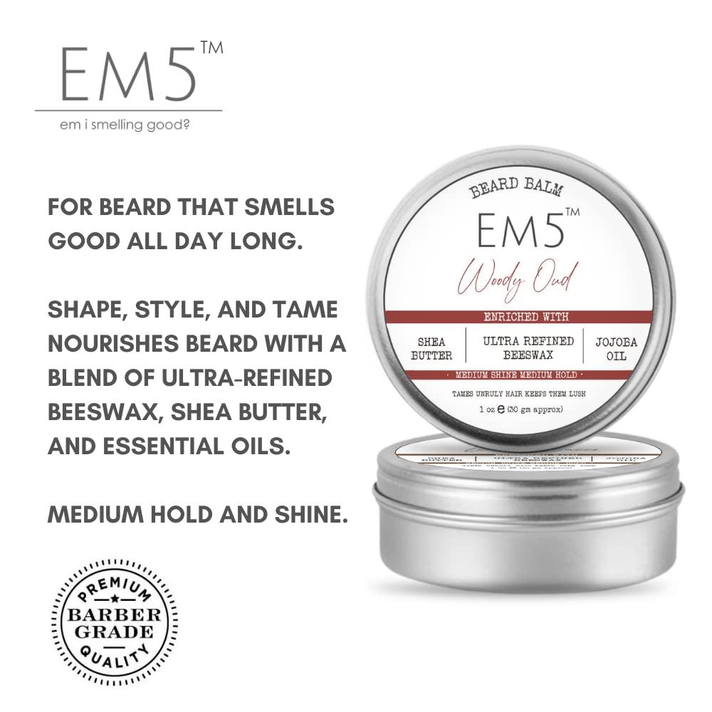 Em5 Em5 's Woody Oud Organic Beard Balm Shape Style And Tame Medium Hold And Shine Long Lasting Fragrance For All Hair| Mustache And Beards Wax Gift For Him/Men,1 Count
