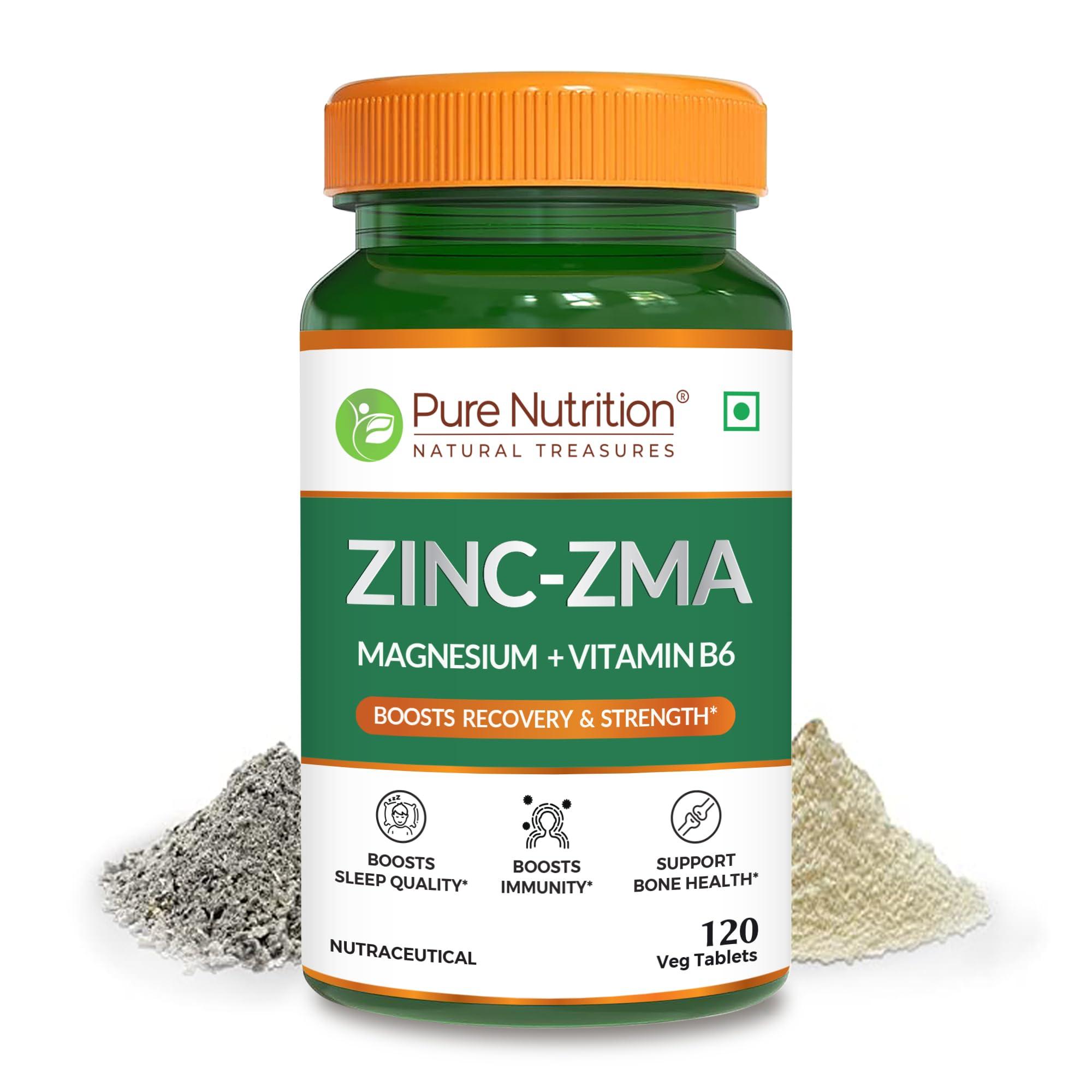 PURE NUTRITION NATURAL TREASURES Pure Nutrition Zinc ZMA Supplements for Men and Women | Zinc Magnesium Tablets for Muscle Recovery, Bone Support, Stress Relief and to Enhance Sleep Quality (120 Tablets)