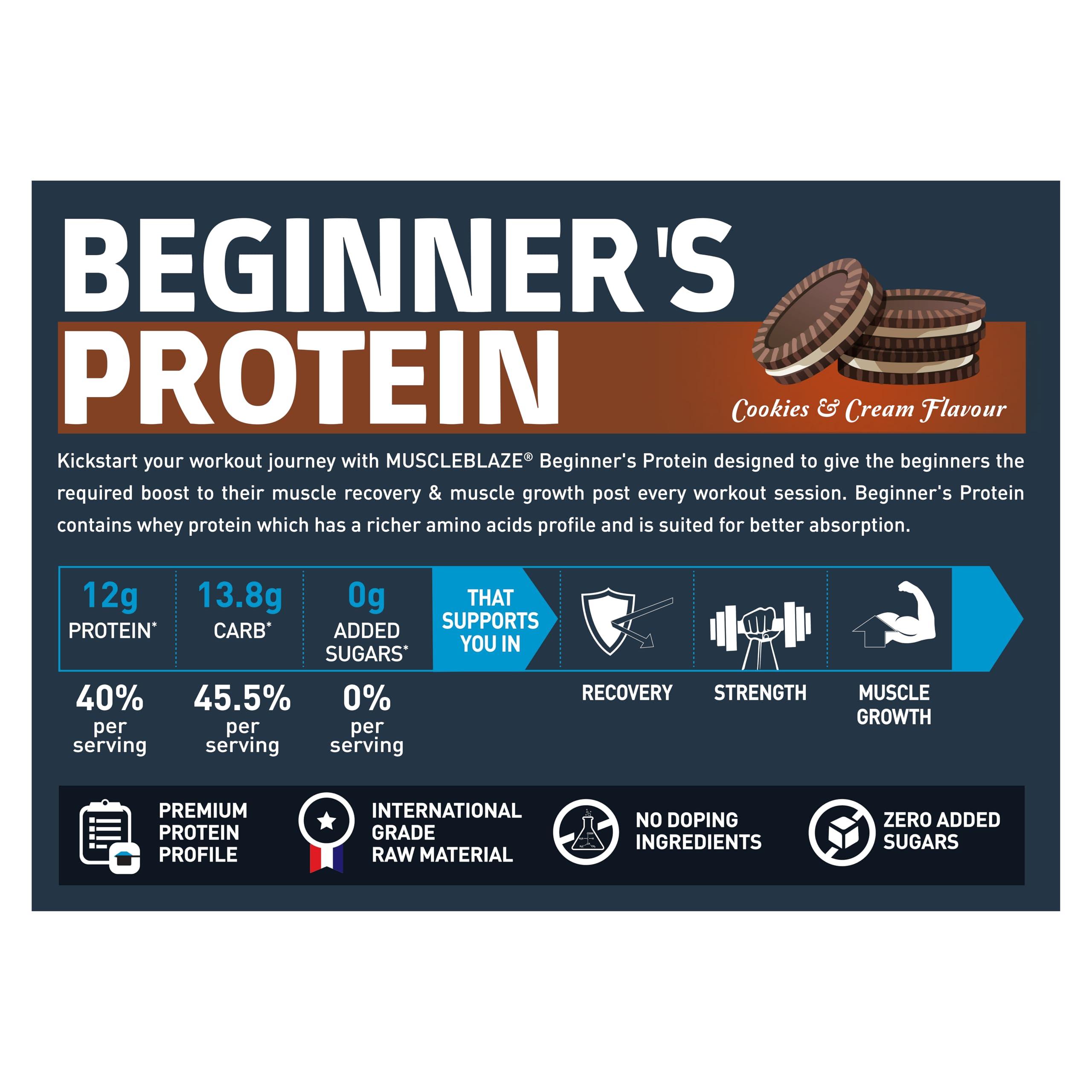 MuscleBlaze MuscleBlaze Beginner\'s Whey Protein, No Added Sugar, Faster Muscle Recovery & Improved Strength (Cookies and Cream, 1 kg / 2.2 lb)