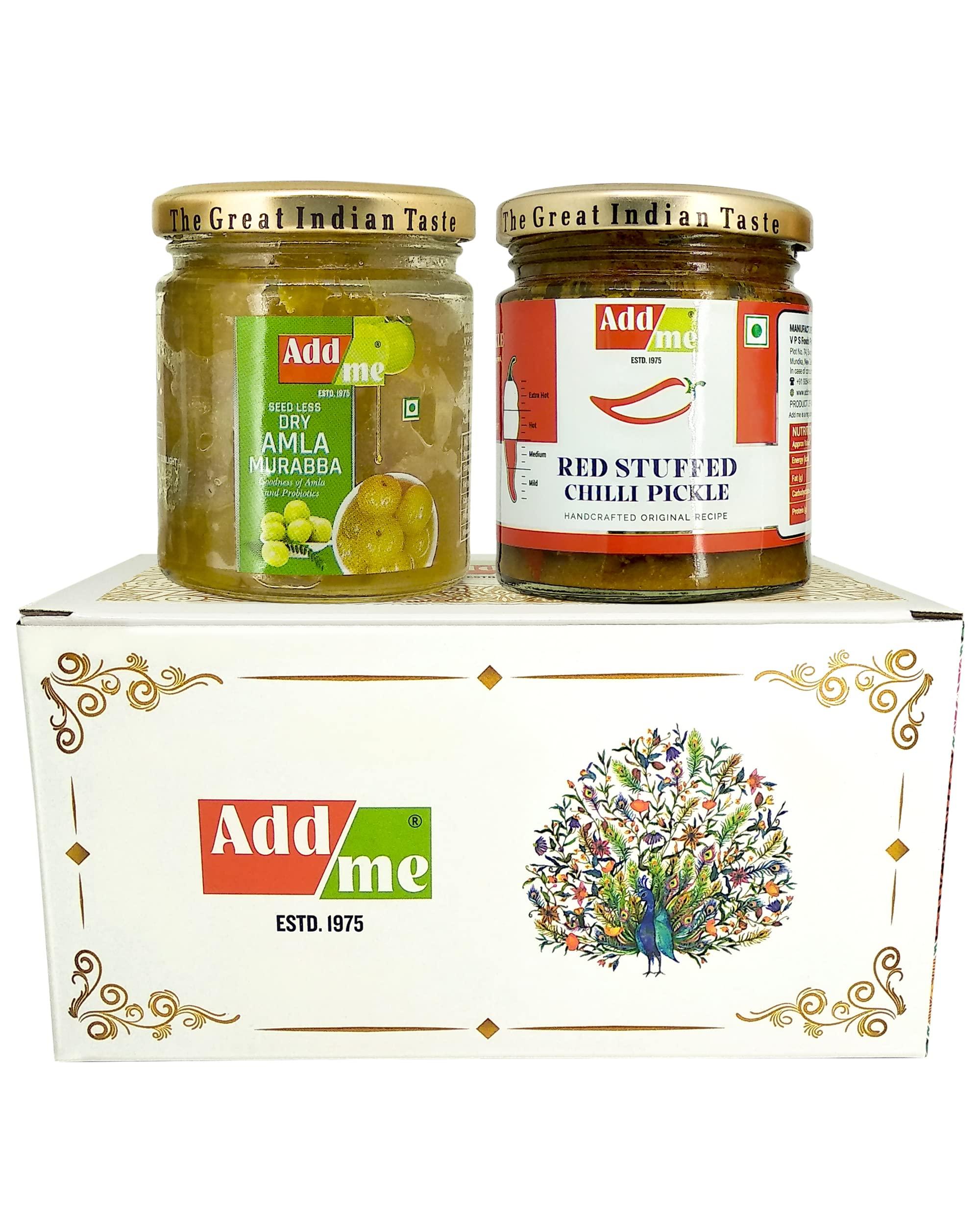 Add me Add me Seed Less Dry Amla Murabba Without Syrup Immunity boosters & Red Stuffed Pickle, bharwa lal mirch 200gm Combo Gift Pack Glass Jar