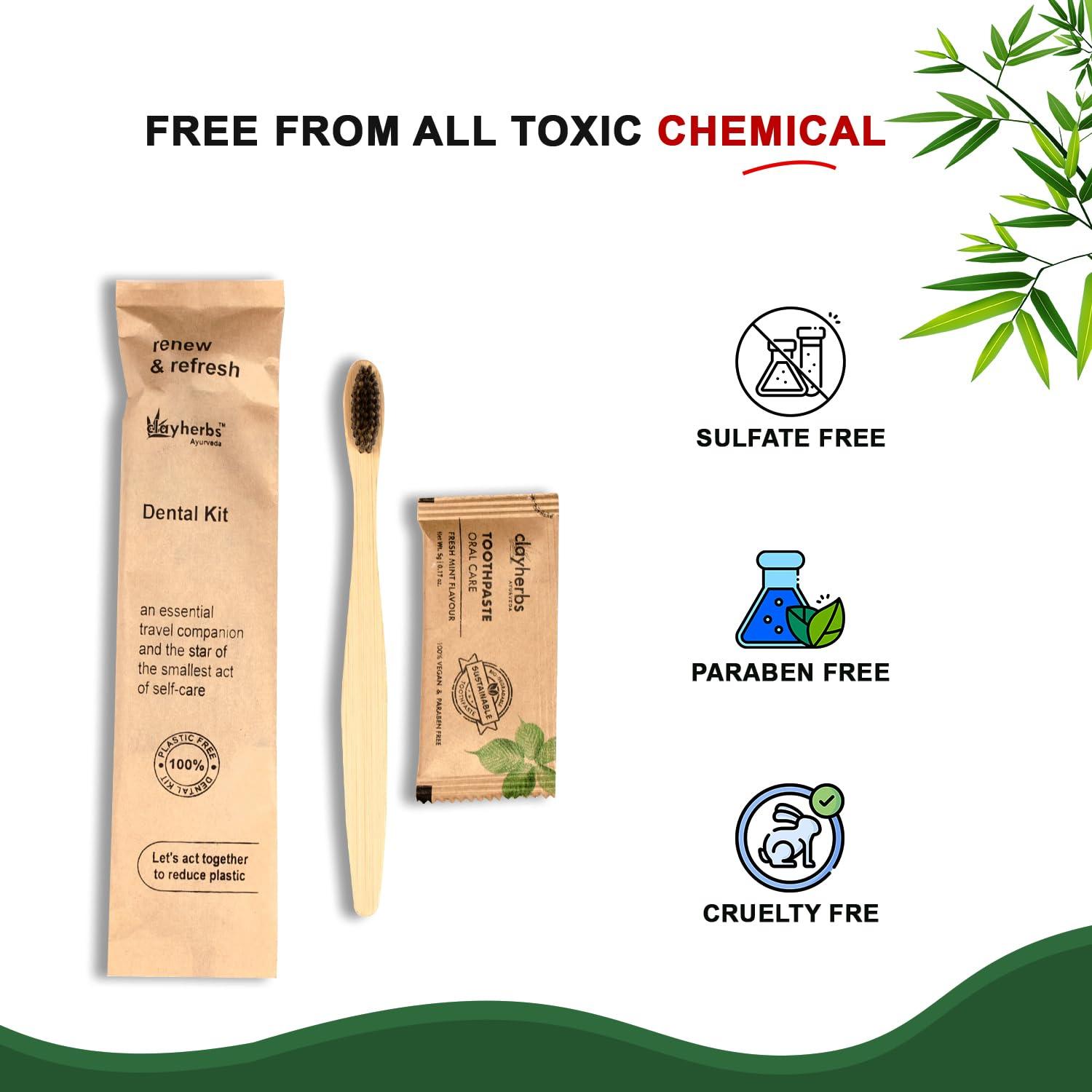clayherbs Clayherbs (Pack-50) Sustainable Eco-Friendly Organic Bamboo Toothbrush and Toothpaste Sachet, Natural Flavor, Oral Care Biodegradable & Non-Toxic Hotel Dental Kit For Rooms
