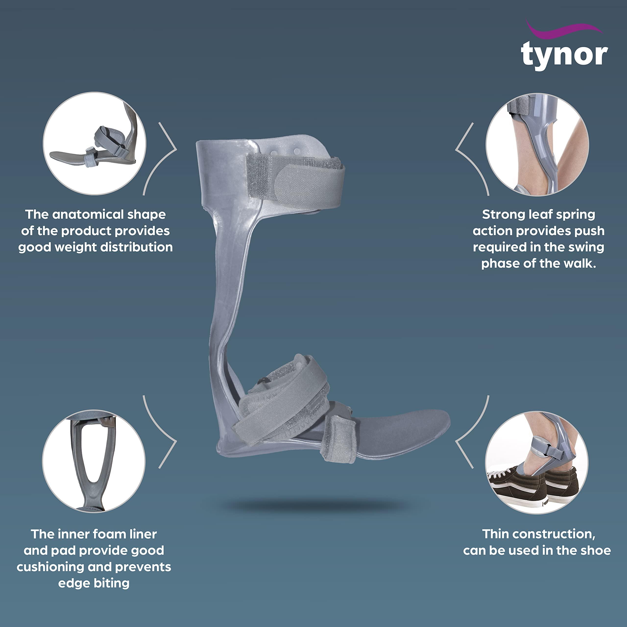 TYNOR Tynor Foot Drop Splint With Liner, Grey, Left, CH, 1 Unit
