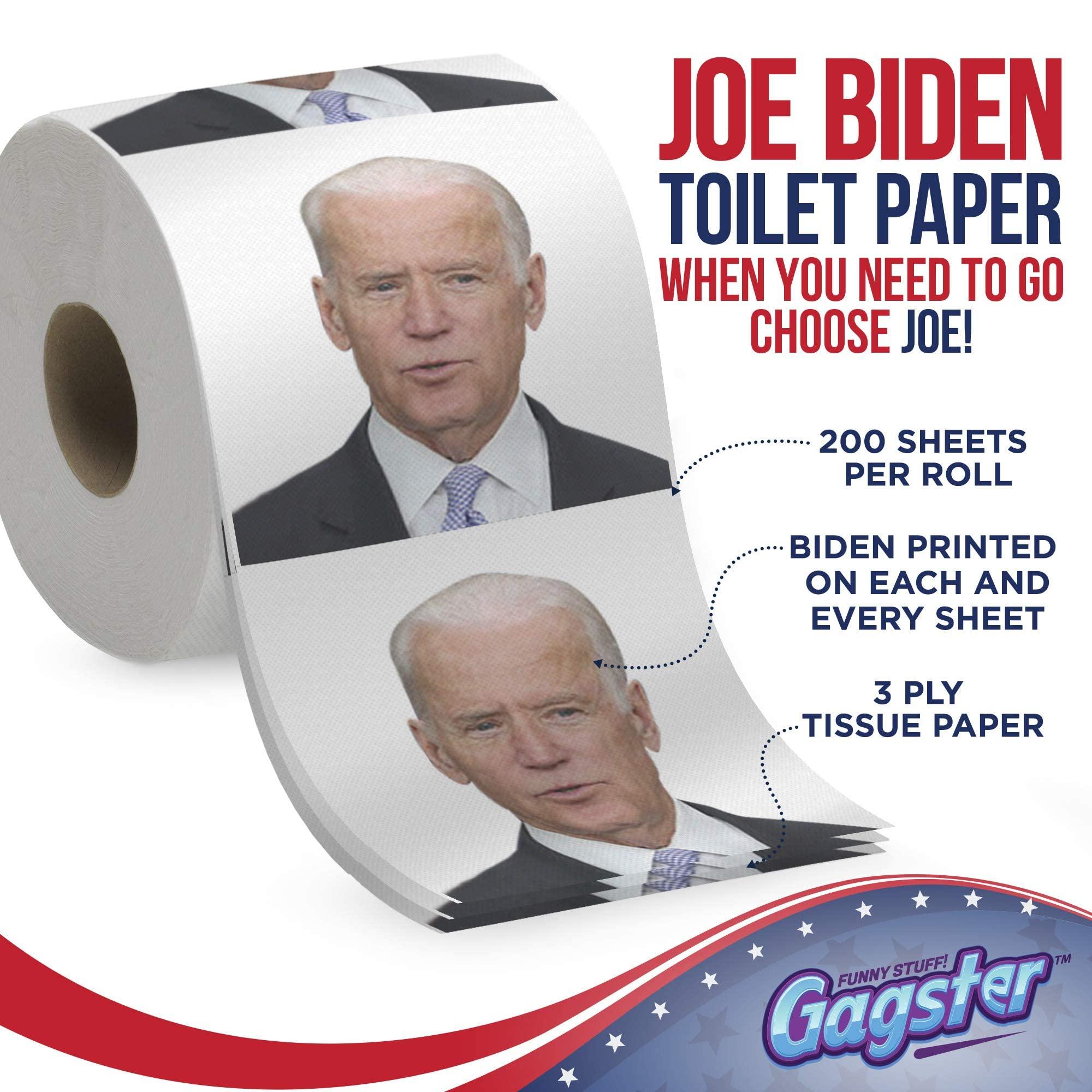 Gagster Joe Biden Toilet Paper Roll - Funny Political Novelty Gag Gift - 3 Ply Bathroom Tissue 200 Sheets in Each Roll - Laugh Out Loud Joke with Image Printed on Every Sheet | Hilarious White Elephant Idea