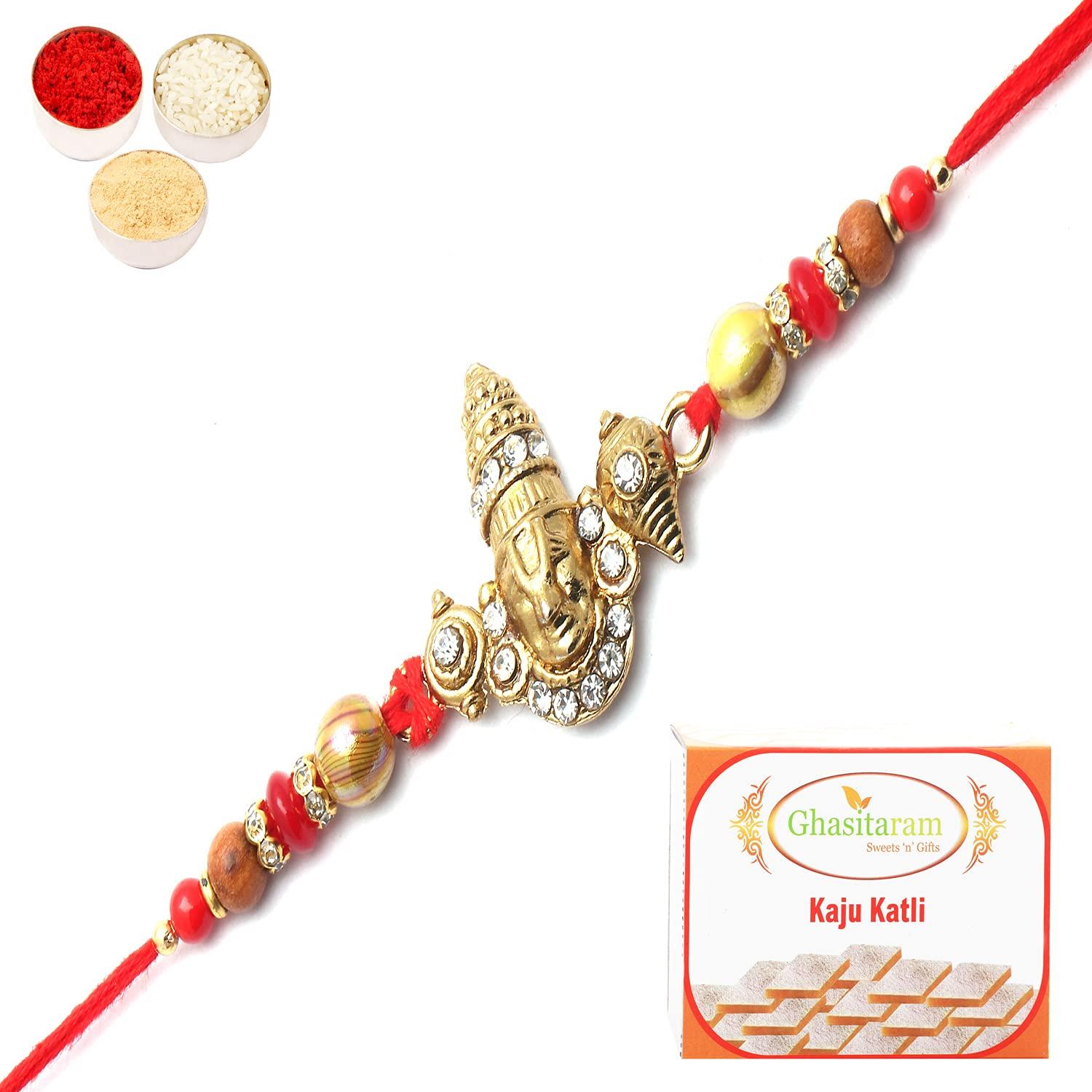 Ghasitaram Gifts Ghasitaram Gifts Rakhi for Brother Rakhis Online- The incarnation of Lord Vishnu bestowing his blessings Rakhi with 400 gms of Kaju katli
