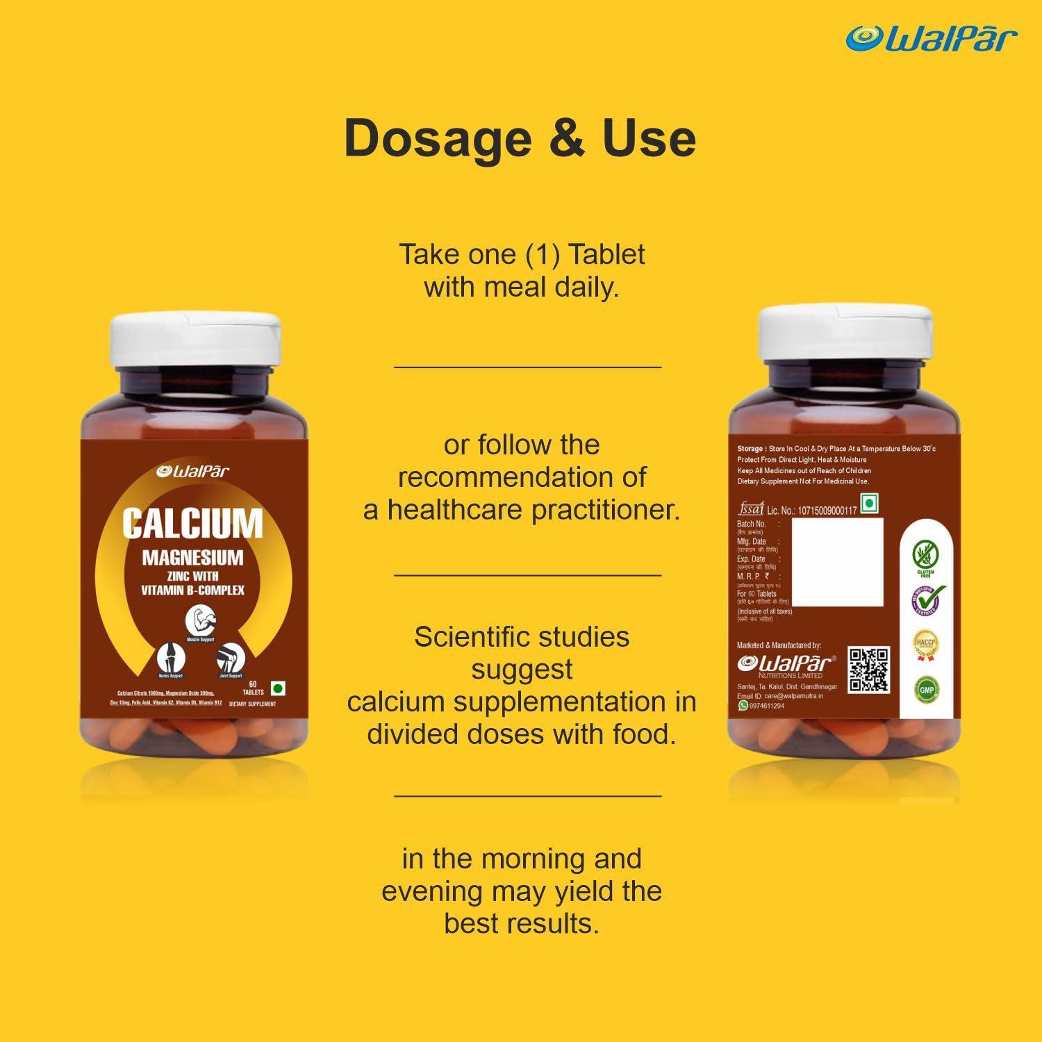 WALPAR Calcium Citrate Supplement 1300mg with Magnesium Zinc Vitamin D3 D B12 B Complex Ideal for Bone and Muscle support & Joint health Ideal for Men Women (1)