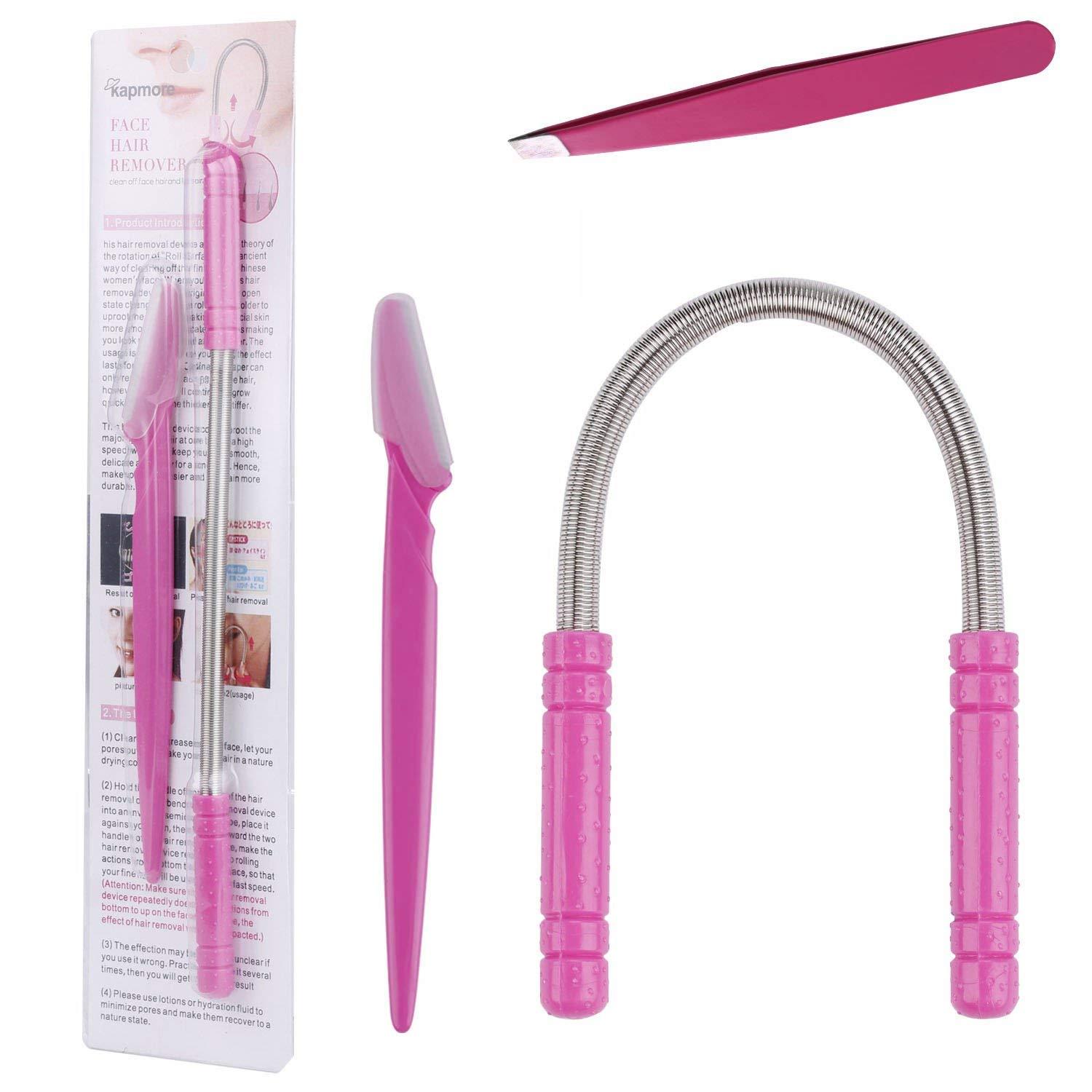 Kapmore Kapmore Facial Hair Remover Facial Threading Tool Set Removing Hairs On The Upper Lip, Chin, Cheeks, Sideburns Including Hair Epilator Wand, Beauty Tweezers,Eyebrow Shaping Razor Rose Pink