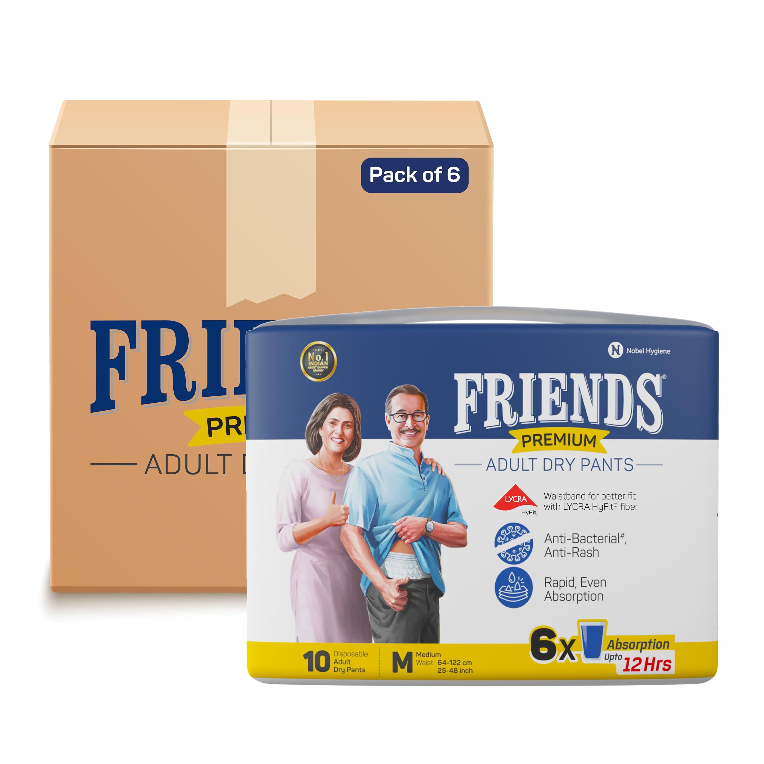 Friends Friends Premium Adult Diapers Pants Style - 60 Count (Medium) with odour lock, Unisex, Leakproof, Elastic Waist and Anti-Bacterial Absorbent Core - Waist Size 25-48 inch; 63.5-122 cm