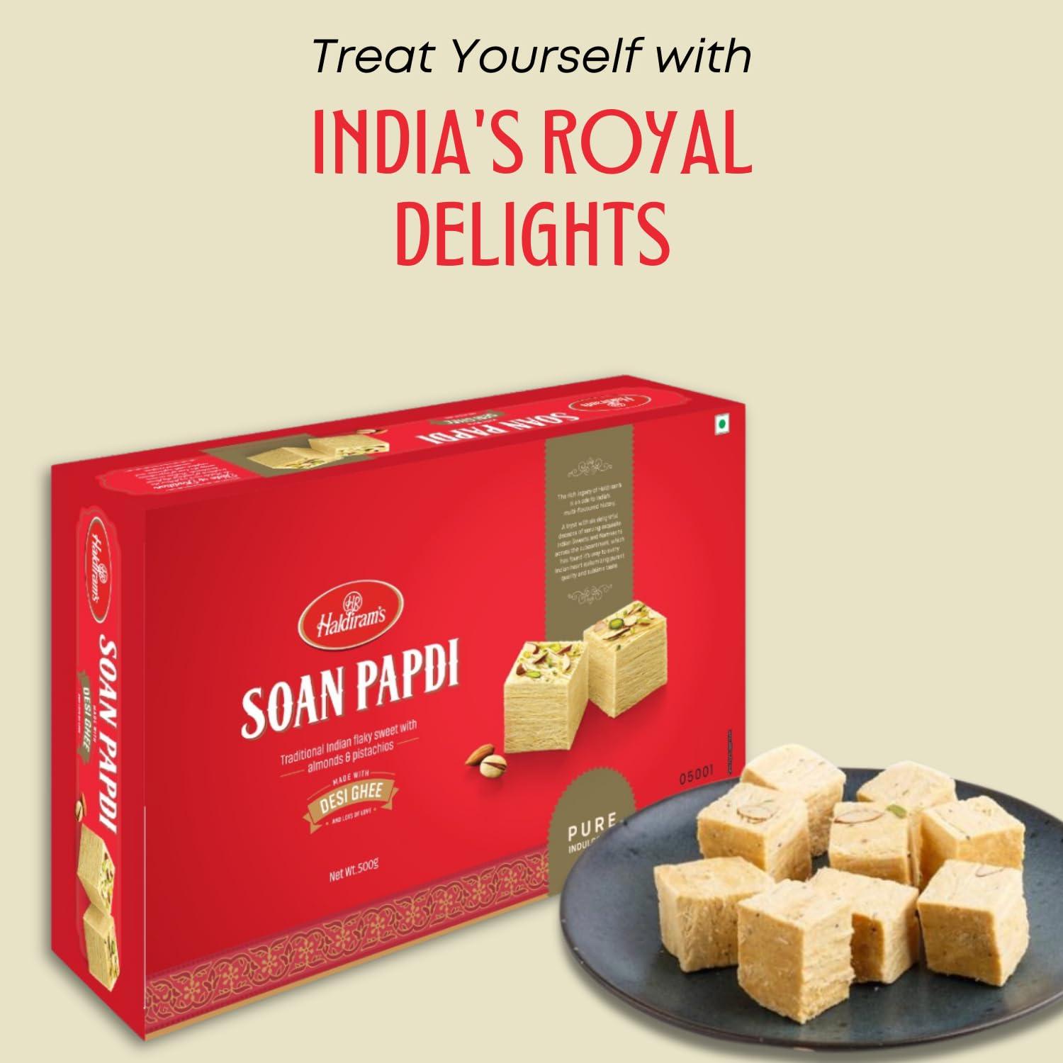 Haldiram’s Haldiram\'s Soan Papdi 500g | Traditional Indian Sweet | Finest Ingredients | Crunchy Almonds & Pistachios | Indian Mithai | Festive Delight | Great Gift Pack for Festival | Mithai for Raksha Bandhan