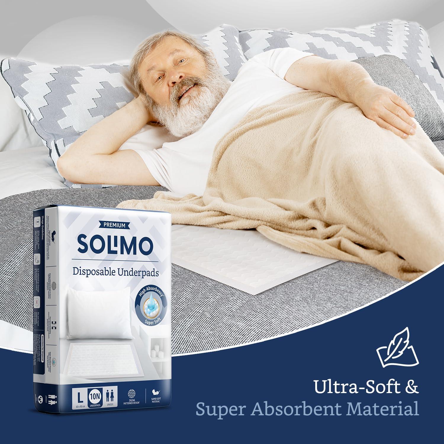 Amazon Brand - Solimo Amazon Brand - Solimo Premium Underpads Large (L) Size, 10 count| 90 X 60 cm|Unisex, High Absorbency, Super soft