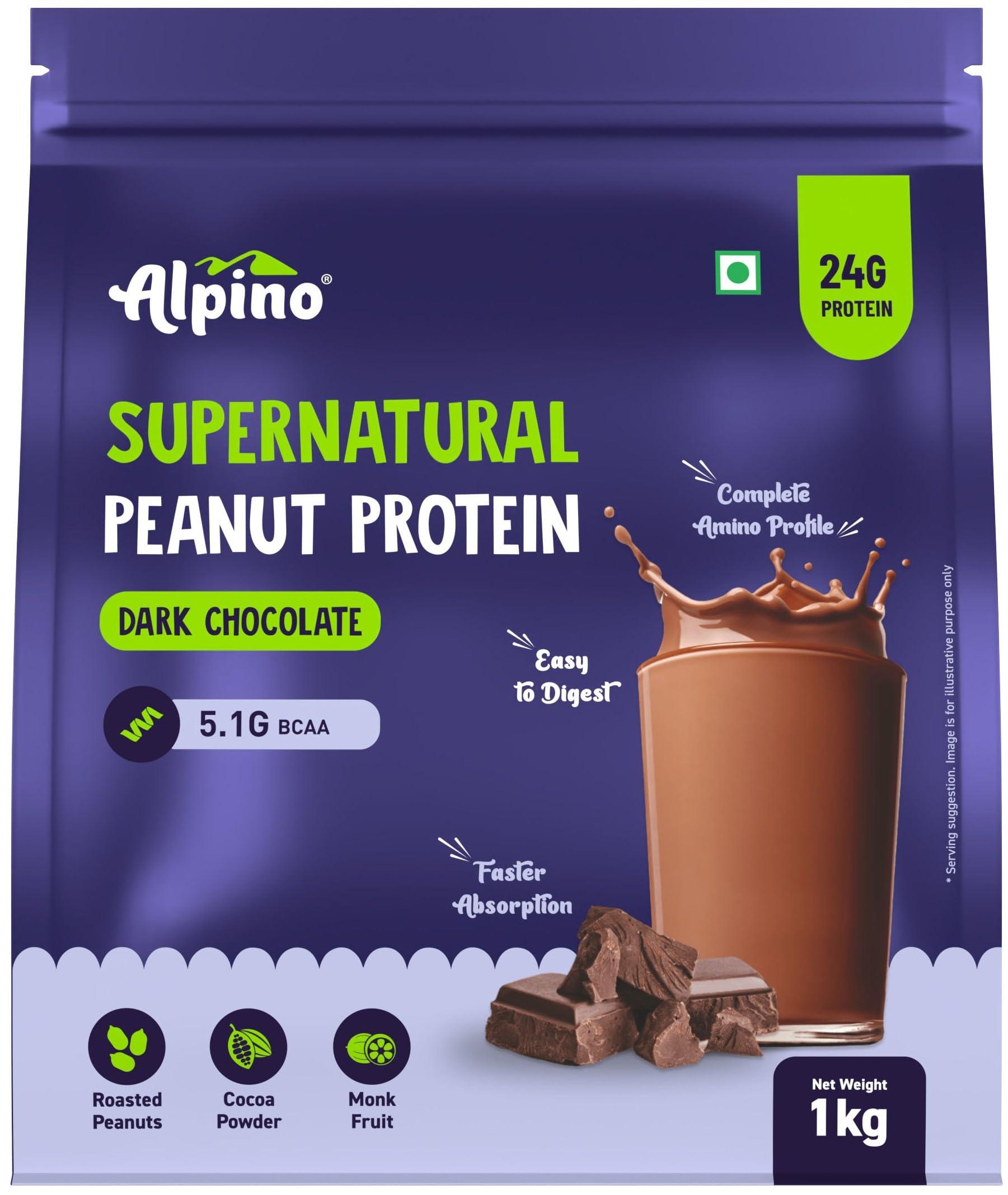 Alpino Alpino Supernatural Peanut Protein Powder Dark Chocolate 1kg - 100% Plant-Based, High-Performance Protein - 24g Protein, 5.1g BCAAs, No Added Sugar, Gluten-Free, Non-GMO, Vegan
