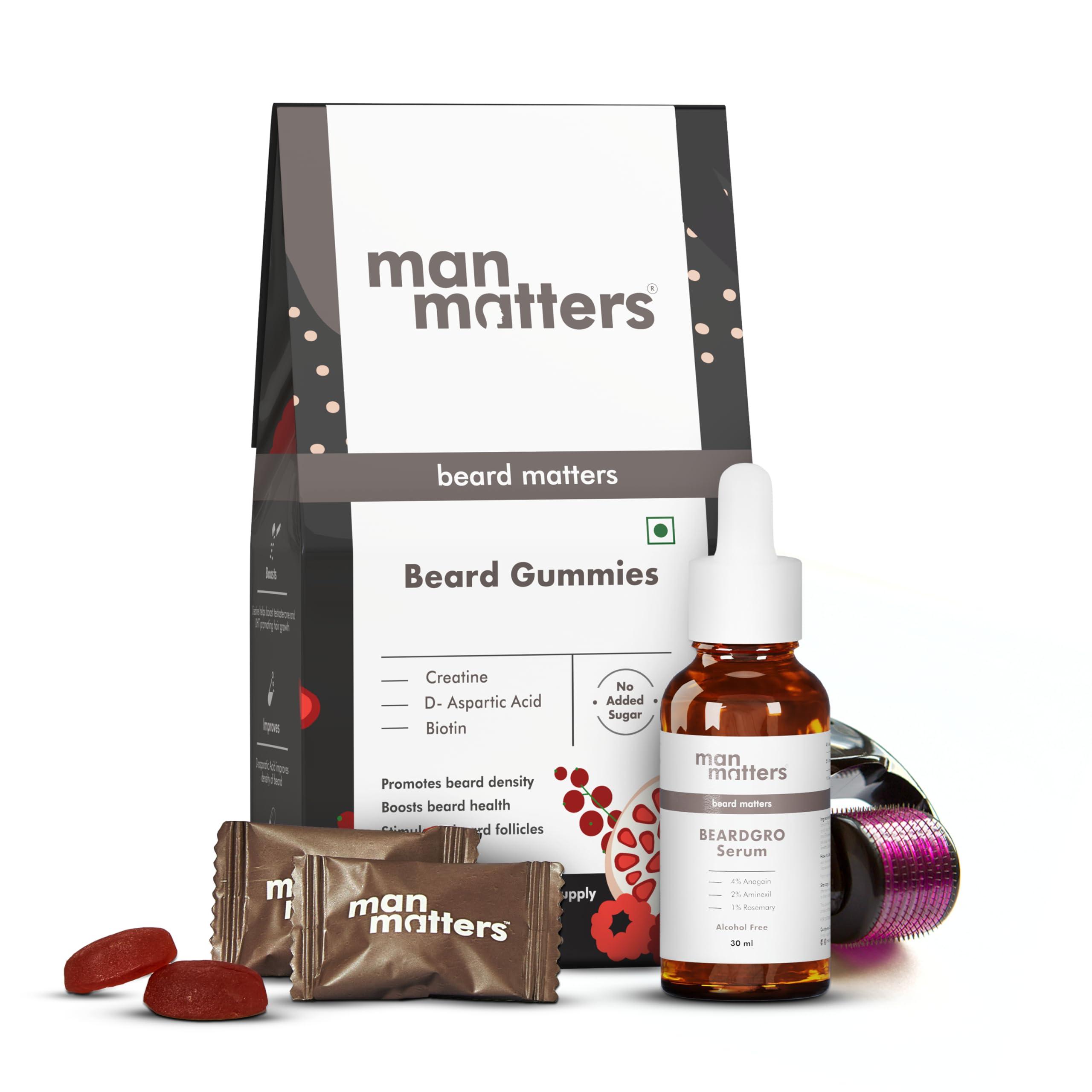 Man Matters Man Matters Ultimate Beard Growth Kit With Beard Serum, Beard Gummies & Advance Derma Roller | With 4% Anagain, 1% Rosemary, Biotin | For Beard Growth & Nourishment | SLS & Alcohol Free, 100% Vegan