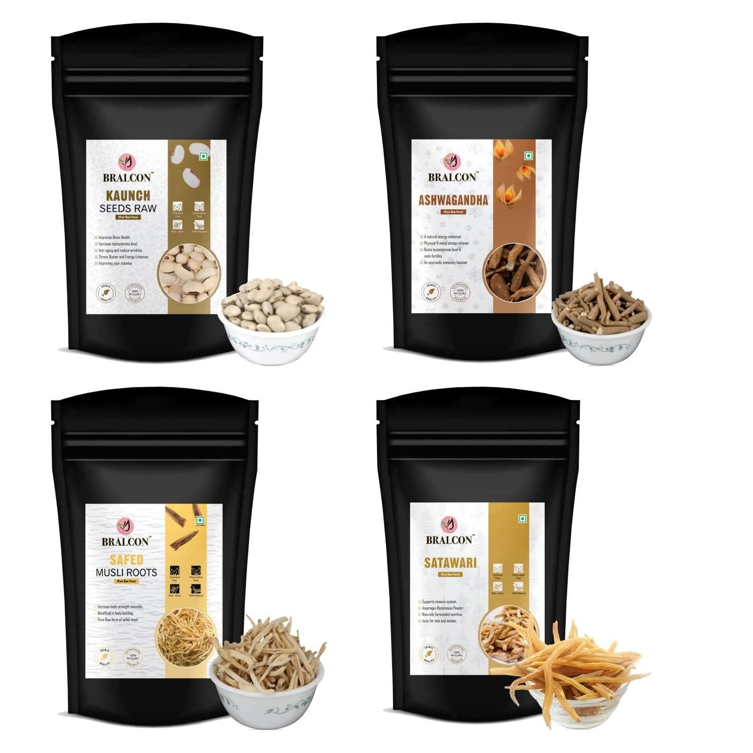 BRALCON BRALCON Kaunch Seed, Ashwagandha Root, Shatavari Root, Safed Musli Roots Combo - 400g (100g x 4 Pack) |Jadi Buti Sticks for eating Pure raw form in seperate Packaging