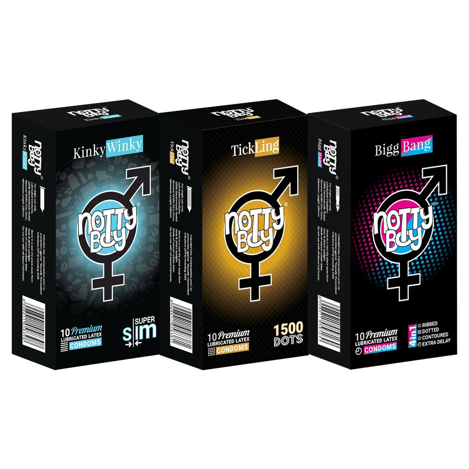 NOTTY BOY NOTTY BOY Combo Set Extra Dotted 1500 Dots, 4 in 1 (Ribs and Dots, Contoured, Delay) | Super Slim Thin Condoms - 30pcs (Pack of 3) | Lubricated, Standard Fit Condom For Men