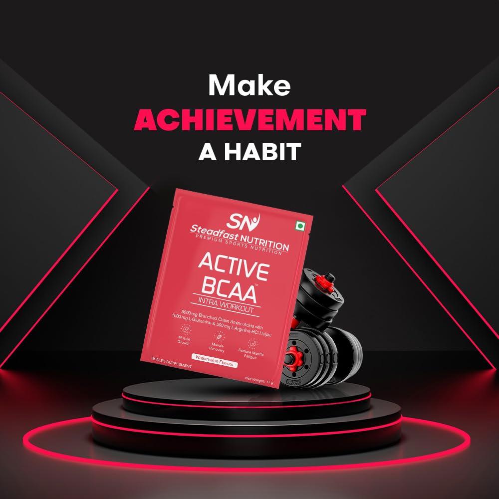Steadfast Nutrition Steadfast Nutrition Active BCAA | Pre Workout BCAA Supplement in 2:1:1 Ratio | Muscle Recovery & Endurance, Intra workout | BCAA with L-Glutamine & L-Arginine | Watermelon Flavour (450g, 30 Sachets)