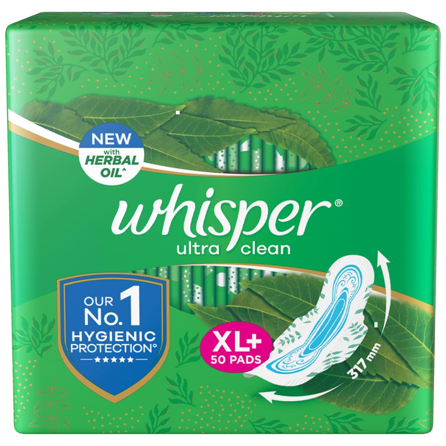 Whisper Whisper Ultra Overnight Sanitary Pads with Wings - 16 Pieces (XXL Plus) and Whisper Ultra Clean Sanitary Pads for Women, XL+ 50 Napkins
