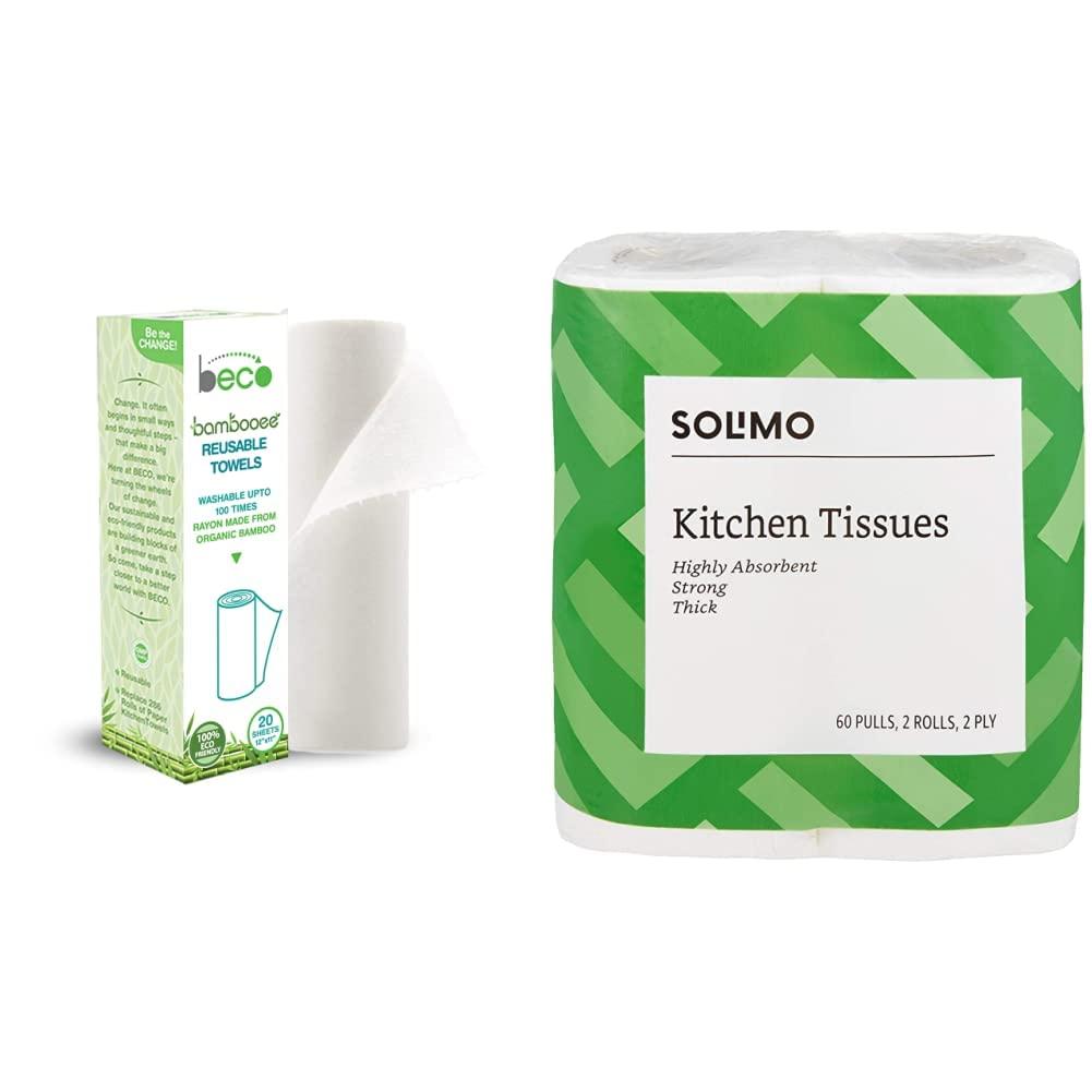 Beco Beco Reusable Kitchen Towel Roll (20 Sheets) Natural & Organic Cleaning Bamboo Cloth – Ecofriendly and Biodegradable and Solimo 2 Ply Kitchen Tissue/Towel Paper Roll - 2 Rolls (60 Pulls Per Roll)