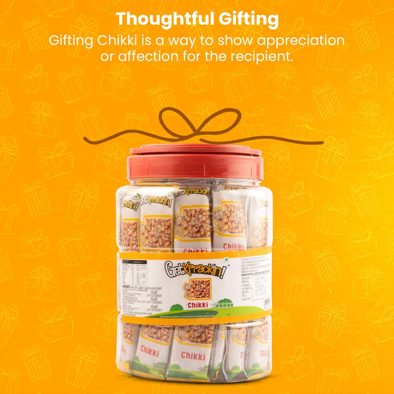 GetKrrackin! GetKrrackin! Peanut Chikki Jar | Pack Of 72 Pcs - 15 Gram Each | No Added Colors Or Preservatives | Crunchy Peanut Bar With Jaggery | Gajak, Gazak | Indian Sweets & Snacks