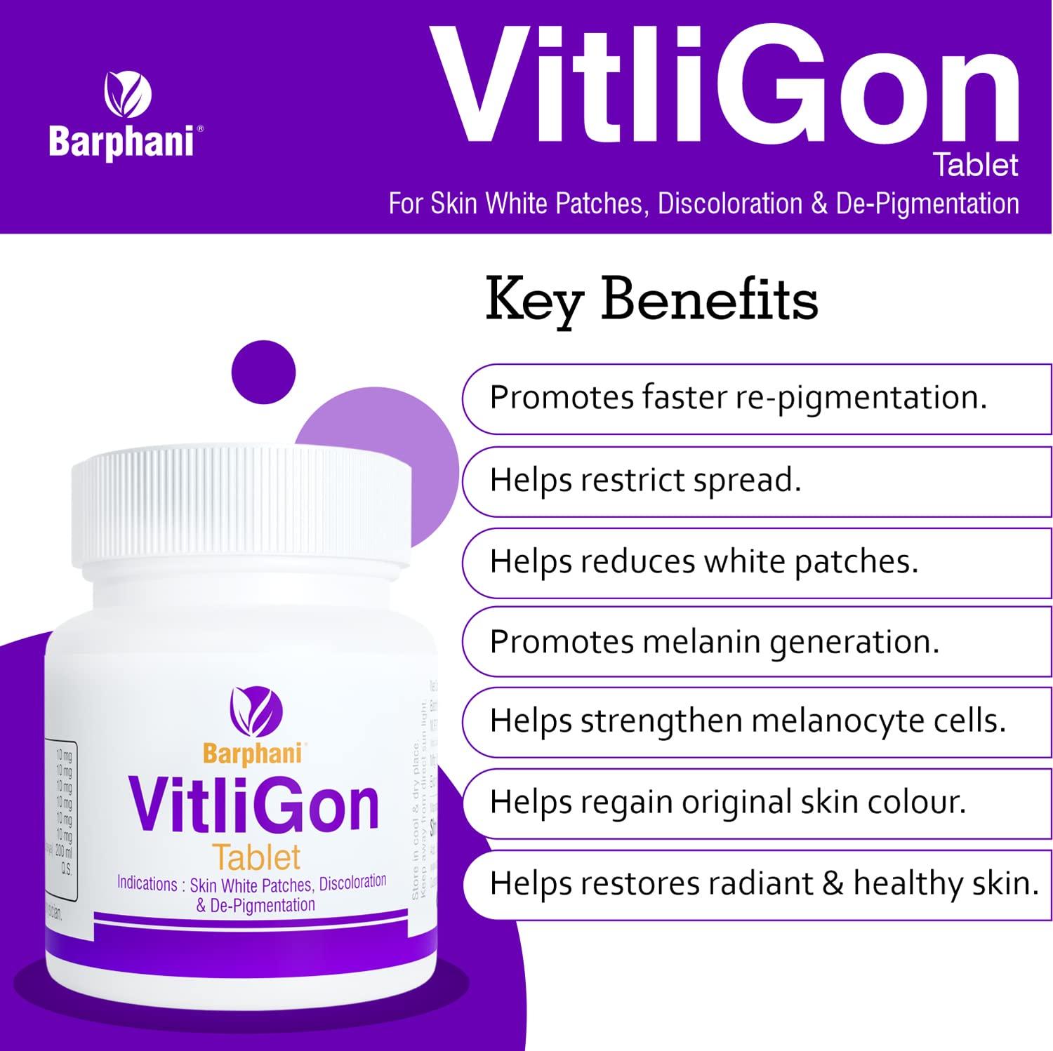 BARPHANI Barphani VitliGon Tablets - Super Effective on Vitiligo White Patches, Discolouration, De-Pigmentation, Faster Results, Helps Restricts Spread- 60 Tab Pack