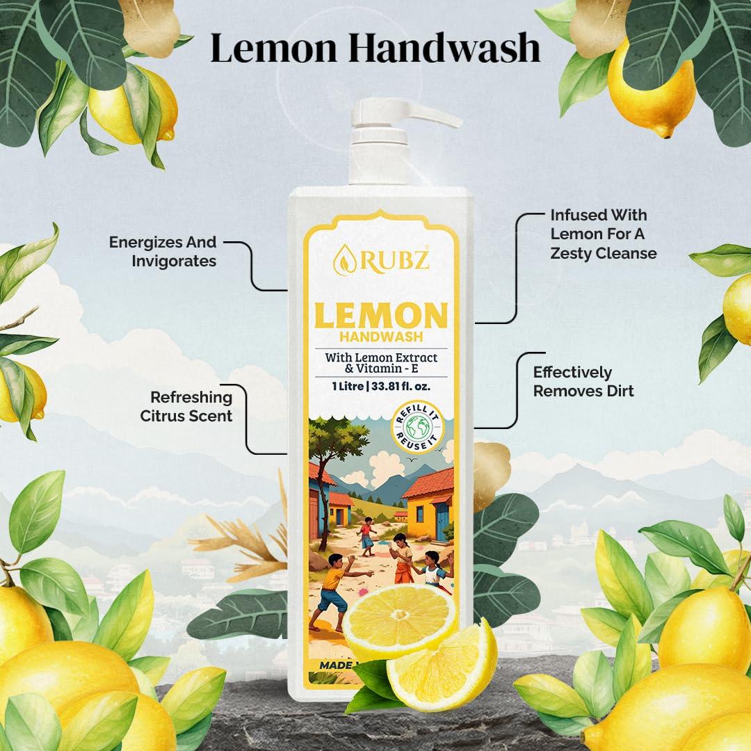 Rubz Rubz Lemon Handwash Refill Pack 5 Litre with 500ml bottle | Paraben Free Liquid Gel | Complete Protection for Soft Hands | Best for Hotel, Spa, Salon, Family, Gym | Total 5.5 Litre