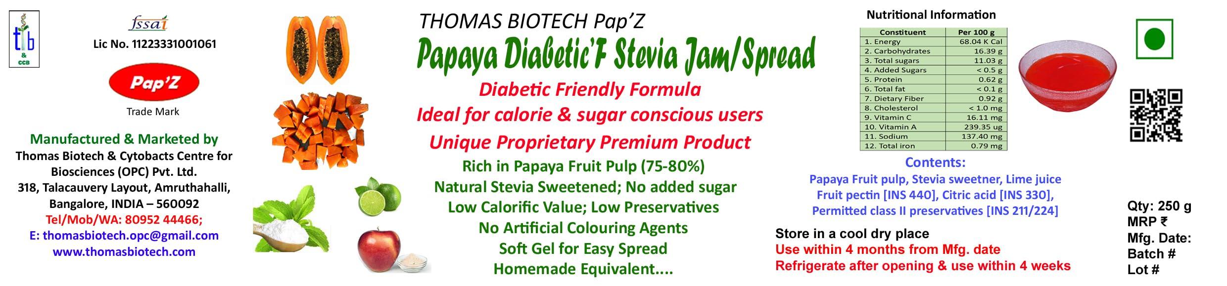 Generic THOMAS BIOTECH PapZ Zero-Sugar Papaya DiabeticF Stevia Jam Spread/ Stevia-Sweetened Diabetic-Friendly Papaya-Fruit Rich Formula/ 250g Bottle/ Very Low Calorific Value/ No Added Sugar/ Soft Gel for Easy Spread