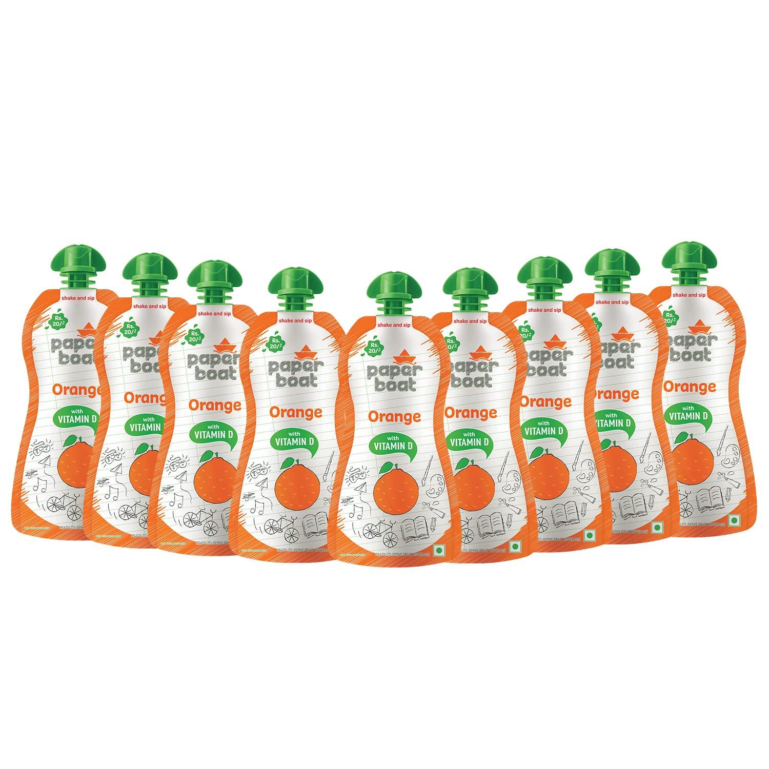 Paper Boat Paper Boat Orange Juice, Enriched with Vitamin D (Pack of 9, 150ml each) & Paper Boat Lychee Juice, Litchi Jelly Drink Enriched with Vitamin D (Pack of 9, 150ml each), Pink