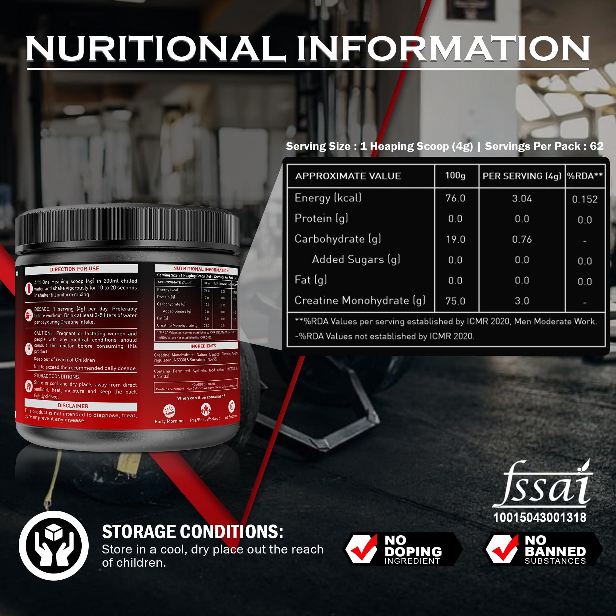 NAKPRO NAKPRO Micronised Creatine Monohydrate Powder 250g Jar, Fruit Punch | 3g Creatine/Serving | Trustified Certified | Rapid Absorption Pre/Post Workout Supplement for Muscle Repair & Recovery