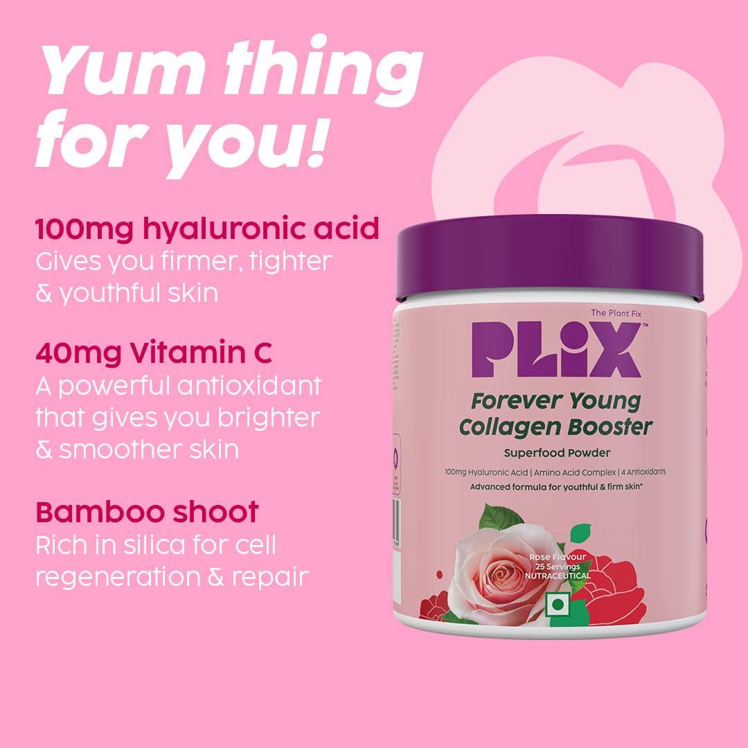 PLIX - THE PLANT FIX PLIX - THE PLANT FIX Collagen Supplement Powder To Support Skin Elasticity,Firmness & Youthful Glow|100% Plant-Based With Hyaluronic Acid & Vitamin C|Rose Flavour,Pack Of 3,3 count,25 servings