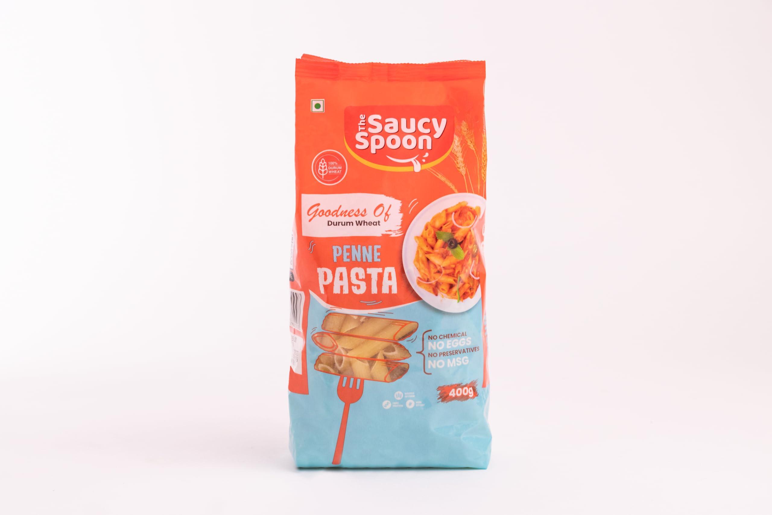 The Saucy Spoon The Saucy Spoon - Combo Penne & Fusilli Pasta | 100% Durum Wheat Low in Calories Healthy Cooked | No Chemical & Preservatives | Quality Ingredients High Protein & Fibre Vegan - 400g x 2