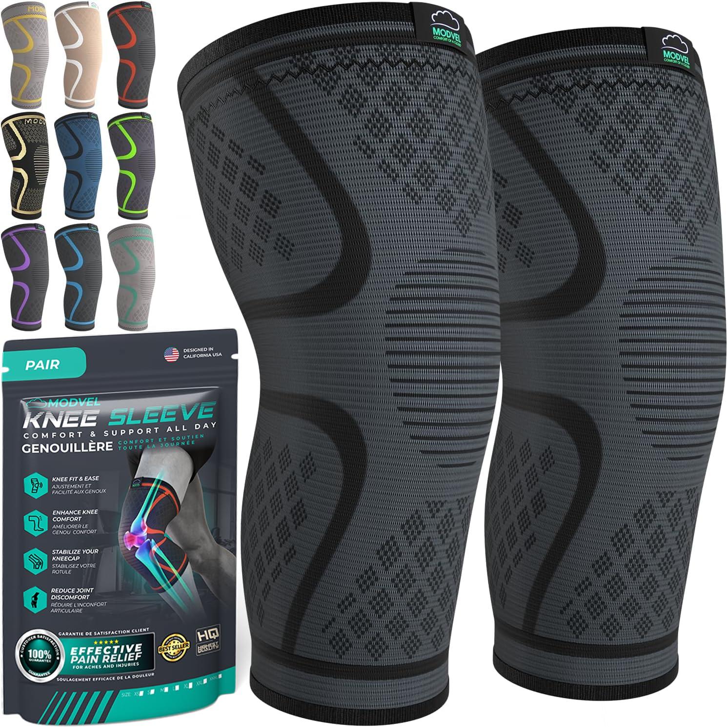 Modvel Modvel 2 Pack Knee Compression Sleeve | Knee Brace for Men & Women | Knee Support for Running, Basketball, Weightlifting, Gym, Workout, Sports - Please Check Sizing Chart (Small, Black)