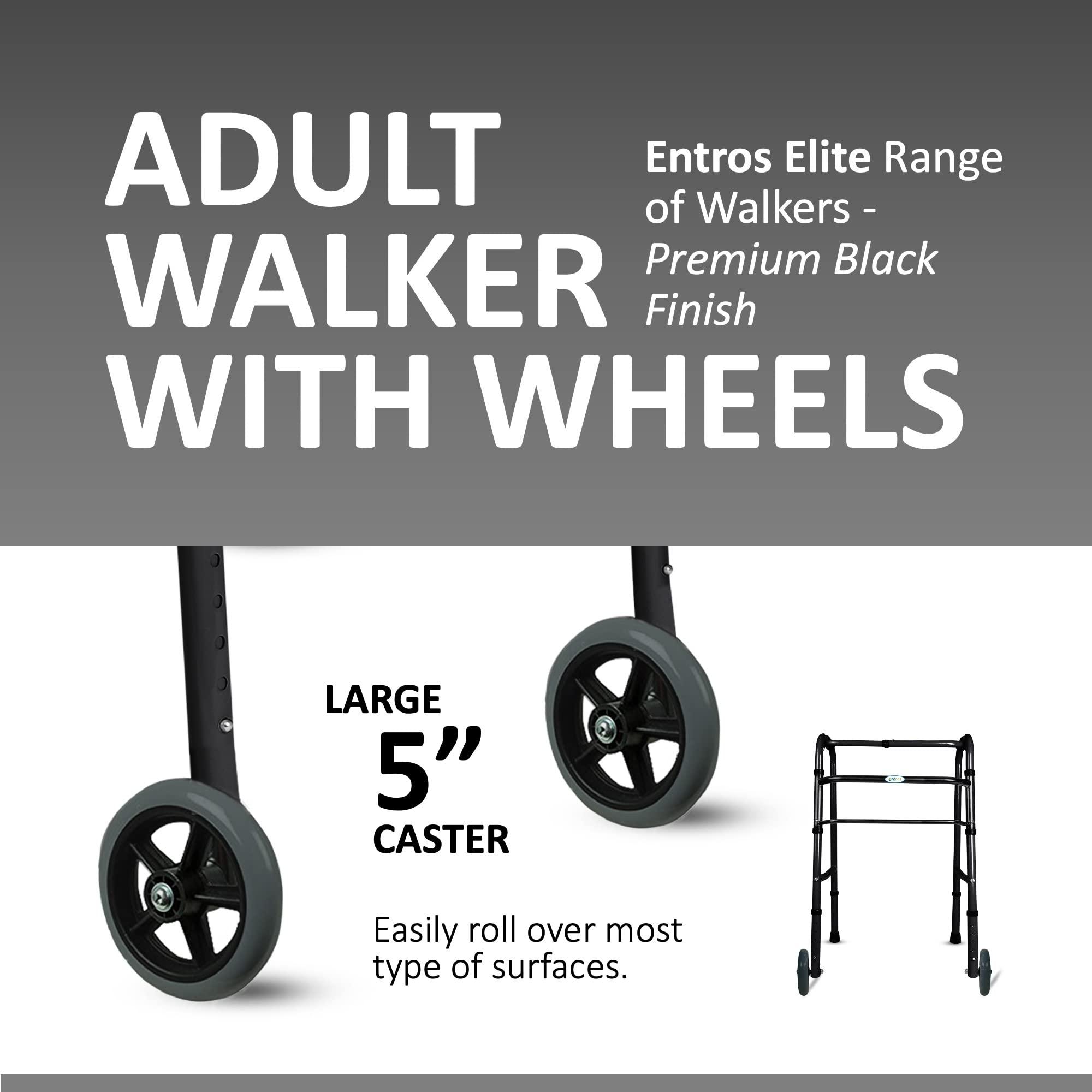 entros Entros Adult Walker with Wheels | Lightweight, Foldable & Height Adjustable Walkers for Adult, Senior Citizens, Handicap & Patients | MS Power Coated, Black, W779AW